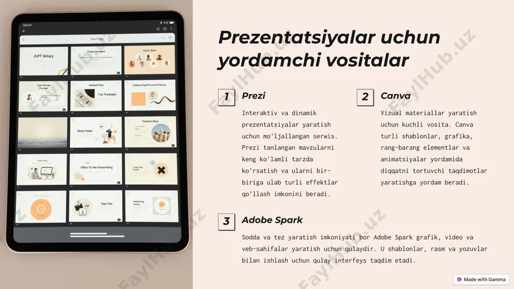 ranglar, grafikalar va matnning samarali va muvofiq dizaynlari umumiy taqdimot sifatini oshiradi. yaxshi dizayn auditoriyaning diqqatini jalb qiladi va axborotni oson qabul qilishni ta'minlaydi. ranglar ranglar taqdimotning mavzusi va maqsadiga moslashtirilishi lozim. ranglarning oqilona tanlanishi umumiy ko'rinishni yaxshilaydi, diqqatni muhim elementlarga qaratadi va fikrlarni yetkazishga yordam beradi. kontrast yaxshi kontrast va balanslangan dizayn elementlari taqdimot mazmuni va tuzilishini namoyon qiladi. kontrast elementlar o'rtasida ajralib turish, mavzuni ajratish va diqqatni muhim jihatlariga qaratish imkonini beradi. 8 birgalikda ishlash va hamkorlik 1 loyihani birgalikda yaratish turli ekspertlar va ixtisoslashgan mutaxassislarning birgalikda ishlashi taqdimot sifatini oshiradi. ular o'z bilim va tajribalarini ulashish orqali prezentatsiyani yanada boyitadilar. 2 online hamkorlik bulutli xizmatlar va onlayn hamkorlik vositalari (google slides, dropbox, onedrive) taqdimotni uzoqdan turib birgalikda rejalashtirish, yozish va umumlashtirish imkonini beradi. 3 qayta ko'rib chiqish birgalikdagi muhokamallar, fikr-mulohazalar va tahrirlar taqdimot sifatini yaxshilash, kamchiliklarni bartaraf etish va taqdimotni takomillashtirish imkonini beradi. 9 prezentatsiyani samarali namoyish …