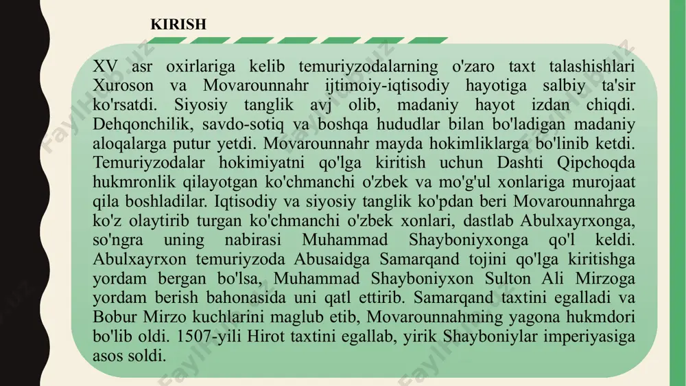ahkamlash uchun 1507- yilda barcha hududiy hukmdorlar zarb qildirayotgan pullarni bekor qilib, pul islohotini amalga oshiradi. bu esa savdo-sotiqning rivojlanishiga, mamlakat siyosiy-iqtisodiy mavqeyining oshuviga yordam beradi. bu davrda to'qimachilik, kulolchilik, duradgorlik, metallga ishlov berish, qog'oz va mato ishlab chiqarish taraqqiy etdi. shuningdek, xalq amaliy san'atining yog'och, tosh, metall o'ymakorligi, kandakorlik. naqqoshlik, xattotlik rivoj topdi. samarqandda yuqori sifatli qog'oz ishlab chiqarish yanada yuksaldi. ipak qog'ozi deb ataluvchi oliy nav qog'ozlar asosan ipak paxtadan aralashtirib tayyorlangan. samarqandlik usta miribrohim “sultoniy” va “miribrohimiy” nomli qog'ozlarni ishlab chiqarish bilan mashhur bo'lgan. samarqand qog'ozlarining keng ko'lamda ishlab chiqarilishi kitobat san'atining taraqqiy etishiga, o'z navbatida, movarounnahrning ko'pgina madaniy jihatdan yuksalgan shaharlaridagi madrasalar qoshida hamda boy-badavlat kishilar tomonidan tashkil etilgan kutubxonalarning ko'payishiga olib keldi. bu kutubxonalarda nodir qo'lyozmalar bilan birga tarix, tilshunoslik, adabiyot, geografiya, falsafa, mantiq, fiqhshunoslik, notiqlik, tibbiyot, matematika, astronomiya kabi ko'plab fan sohalariga oid kitoblar to'plangan. xv asrdan boshlab shayboniy hukmdorlar, ayniqsa, abdullaxon soniy savdo-sotiqning …