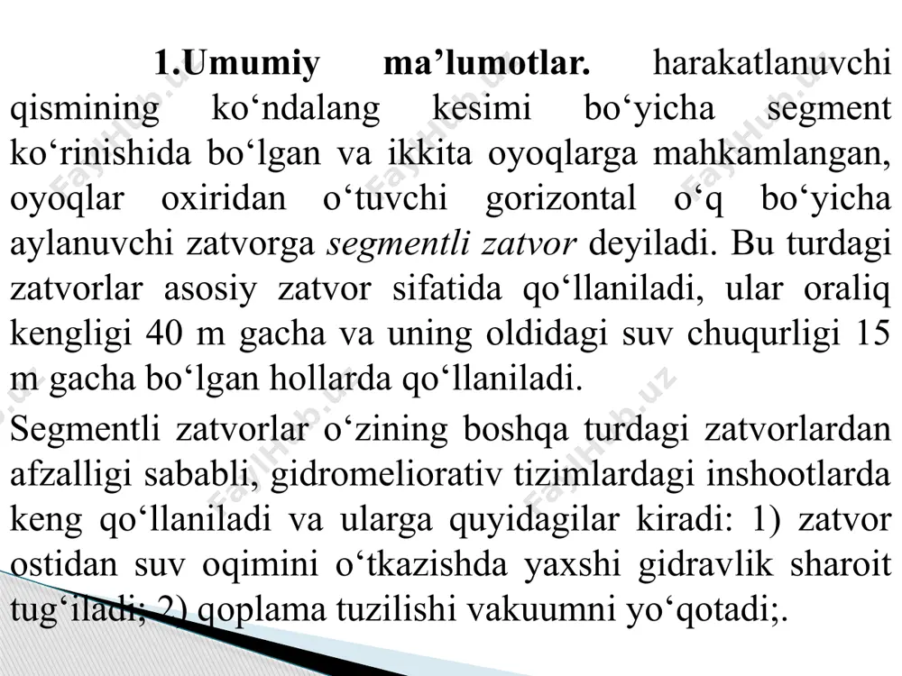 madan iborat (6.21-rasm). ular fazoviy yoki oyoqlar rigelga yassi, bikr yoki sharnirlar yordamida birlashtirilgan bo‘lishi mumkin. katta oraliqlar uchun fazoviy ramalarni qo‘llash afzaldir. rigellar oyoqlarga bikr birlashtirilgan bo‘lsa, rigel egilishi oyoqlar egilishga olib keladi. tayanch sharnirlarida vertikal yo‘nalishdagi kuchning gorizontal yo‘nalishda tarqaladigan bosimi paydo bo‘ladi. rigellar va oyoqlarni bikr birlashtirilishi zatvorni yasashga ketadigan metall sarfini kamaytiradi, lekin oraliq devorni qo‘shimcha armaturalash kerak. normal va qiya oyoqli konsolli portallarni qo‘llash o‘z o‘rnini topmoqda (6.21-rasm,e,f). qiya oyoqli konsolli portallar maksimal eguvchi momentni kamaytirib, rigel materialini tejashga olib keladi. lekin tayanch sharnirlarida vertikal yo‘nalishdagi kuchning gorizontal yo‘nalishda tarqaladigan bosimi oshadi. fazoviy portallar qiya oyoqlari ustidan suv quyilib tushadigan zatvorlarda qo‘llanilmaydi. bunday hollarda normal oyoqlarni tekis rama 1 ko‘rinishda tayyorlanadi. uning tirqishga qaratilgan tomoni konstruksiyasida suvda oqib keluvchi shox-shabbalar, suzgichlar tutilib qolishidan himoyalash uchun tekis qoplama 2 bilan qoplanadi, konstruksiyani shox-shabbalar, oquvchi jismlarning tiqilib qolishdan saqlaydi (6.22-rasm). 6.21-rasm. segmentli zatvorlar portallari. 6.22-rasm. ustidan suv …