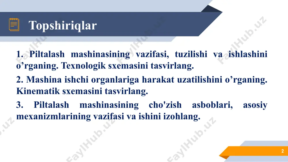 nazorati 12 bu yerda.1-ta`minlash piltalari; 2-yo’naltiruvchilar; 3,4- fotorele; 5- nur uzatuvchi; 6-nur qabul qiluvchi; mashina to’xtatilishining tipik holatlari 13 bu yerda. 1-uzilgan pilta; 2,3-fotorelelar a) taz - ta`minlovchi valiklar zonasida piltaning uzilish holati; b) ta`minlovchi - yo’naltiruvchi valiklar zonasida piltaning uzilish holati. hsr-1000 piltalash mashinasi «43» cho‘zish asbobining sxemasi 14 1 - silindrlar ustini polzunkalari; 2 - riflyali silindrlar; 3 - yuklovchi sterjen; 4 - elastik qoplamali valiklar. ustki valiklar pnevmoyuklash tizimi 15 1-yuklovchi shtok; 2- pnevmoporshen; 3- siqilgan havo trubkasi pilta taxlagich 16 pilta taxlagichning spiralsimon kanalli ustki tarelkasi. 1– zichlagich; 2–yassilovchi valiklar; 3–disk; 4–spiralsimon kanal; 5–ustki tarelka; 6–taz. kаttа hаjmli tаzlаrni ishlаtish 17 toʼgʼri toʼrtburchak tazlar 18 bu yerda. yuqori tarelka 1 aylanadi pastki, 2 esa ilgarilanma qaytma harakatlanadi avtomatik rostlagichlar 19 servo draft qurilmasini o’rnatilishi pilta qalinligini o’lchovchi datchik 1-pilta, 2-o‘lchovchi voronka, 3- o‘lchovchi richag, 4- signal o‘zgartirgich, 5-datchik td-03 mashinasida cho’zishni avtomatik boshqarish sxemasi 20 mashina …