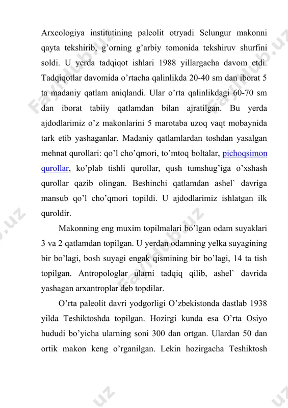ari tosh qurollari ichida yuqori paleolit davri materiallari mavjudligi aniqlandi. arxeologlar obirahmat yodgorligining yuqori qatlamlarini 46—50 ming yilliklar bog’lab uni ilk yuqori paleolit yodgorliklari sirasiga kiritmoqdalar. demak, ibtdoiy odamlar g’orda uzoq davr iste’qomat qilishgan. 2. zardushtiylik dinining muqaddas kitobi «avesto» o’zbekiston tarixini o’rganishda ahamiyati. o’rta osiyoning qadimgi tarixini o’rganishda “avesto” ning o’rni beqiyosdir. unda diniy e’tiqod va xalqlarning o’zaro aloqalari bilan bir qatorda ularning hayoti, turmushi, urf-odatlari, marosimlari aks ettirilgan. shuningdek bu buyuk asarda tarix, falsafa, dinshunosli, manbashunoslik, geografiya, etnografiya va umuman, ijtimoiy-siyosiy hayotnig barcha jabhalariga oid eng qadimgi ma’lumotlar to’plangan. “avesto” da bayon etilgan asosiy g’oyalar, diniy e’tiqodning ilk sodda bilimlari zardusht nomi bilan bog’langan. olimlar zardushtiylik dini ta’limotini quyidagi uchta tarixiy qism (davr) ga bo’lib o’rganadilar, birinchisi, eng qadimiy qismi miloddan avvalgi uch ming yillikda vujudga kelgan ilohlarga aytilgan madhu sanolar-yashtlardir; ularda qabila-urug’chilik tuzumidagi e’tiqodlar, ko’p xudolik tasavvurlari tasvirlangan; ikkinchisi, gatlardeb atalgan qismidir. bunda axuramazda nomli xudo haqida …
