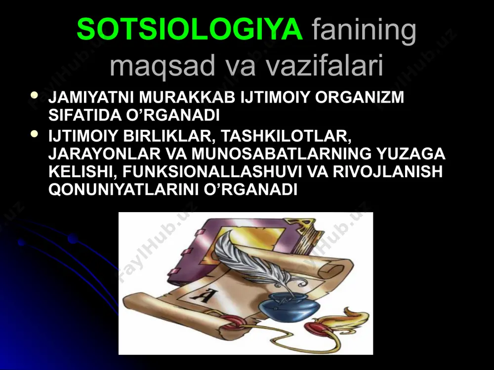 sotsiologik nazariyalar asosiga quruluvchi tadqiqot yo’naliishi bevosita empirik sotsiologik tadqiqotlar sotsiologiya fanining hozirgi zamon tizimi huquq sotsiologiyasi shaxs sotsiologiyasi siyosiy sotsiologiya ekologik sotsiologiya din sotsiologiyasi yoshlar sotsiologiyasi etno sotsiologiya madaniyat sotsiologiyasi iqtisodiyot sotsiologiyasi mintaqaviy sotsiologiyasi demografik sotsiologiyasi mehnat sotsiologiyasi tarixiy sotsiologiya sotsiologik tadqiqot bosqichlari sotsiologik tadqiqotni tayyorlash va tashkil qilish asosiy bosqich bo’lib,amaliy tadqiqot ishlari olib borish jarayonini o’z ichiga oladi emperik ma’lumotlarni qayta ishlash yakunlovcn bosqich bo’lib,ma’lumotlarni tahlil qilish,umumlashtirish va ulardan ilmiy xulosalar chiqarishdan iborat. sotsiologik tadqiqot dasturi sotsiologik axborotlarni yg’ish yo’li yoki tadqiqot jarayonida amalga oshiriladigan faoliyatlarning mantiqan ketma-ketligidir. социологиянинг фан сифатида асосий ривожланиш боскичлари. классик ноклассик марксистик хх аср америка социологияси ижтимоий ташкилотлар бу… ижтимоий позиция ва ролларнинг мураккаб узаро алокадор тизими назарда тутилади. ижтимоий ташкилот турлари. халк таълими. маданий окартув муассасаси. мехнат жамоалари. ижтимоий муассасаларнинг турлари. регуляцион (алоқа ташкилотлари) регулятив (бошқариладиган муассасалар) интегратив (қўшадиган ташкилотлар) анъанавий (дин-одат. хокимият муассасалари. мактаб маорифи) социологик тадқиқот усуллари. кузатиш. сўров. …
