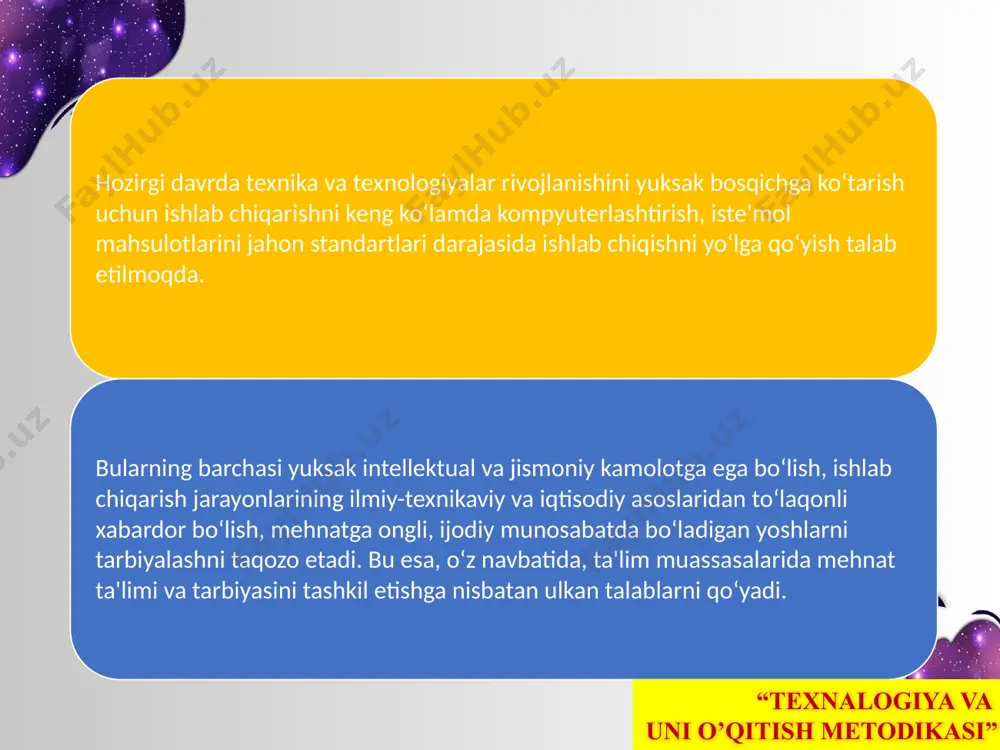 ri) yo‟lga qo‟yish lozim. sinfdan tashqari tarbiyaviy jarayonida ma‟naviy tarbiya berish shakllari: - tarbiyaviy (miqdoriy) tadbirning maqsadi, mazmuni va uning xarakteriga mos bo‟lishi, tarbiya ishlarining ta‟limiy, tarbiyaviy va rejalashtiruvchi yo‟nalishini yaxlit amalgam oshirish va h. “texnalogiya va uni o’qitish metodikasi” o‘quv mehnati o‘quvchilarning ilmiy bilimlar hamda turli fanlar asoslarini o‘zlashtirishga yo‘naltirilgan faoliyati turidir.ijtimoiy-foydali mehnat shaxsni har tomonlama kamol toptirish hamda uning muayyan ijtimoiy ehtiyojlarini qondirishga yo‘naltirilgan hamda ijtimoiy mehnat xarakteridagi faoliyati turidir. hozirgi davrda ta'lim muassasalarida o‘z-o‘ziga xizmat keng yo‘lga qo‘yilmoqda. o‘z-o‘ziga xizmat o‘quvchilarning ijtimoiy va o‘quv ehtiyojlarini qondirish maqsadida ularning o‘zlari tomonidan amalga oshiriluvchi mehnat faoliyati turidir. o‘quvchilarning navbatchiligi o‘z-o‘ziga xizmat qilishni tarkib toptirishning muhim shaklidir. unumli mehnat turlari xilma-xildir. masalan, o‘quvchilarning mehnat haftaligi, chorvaga yem-xashak tayyorlash va shirkat xo‘jaliklarida faoliyat yuritish va boshqalar. unumli mehnat – o‘quvchilar mehnatining eng ommaviy shakli sanaladi. o‘quvchilar hozirgi davrda «kamolot» yoshlar ijtimoiy harakati faoliyatida ishtirok etadilar, dorivor o‘simliklar, urug‘larni yig‘ish, maktab binolarini …