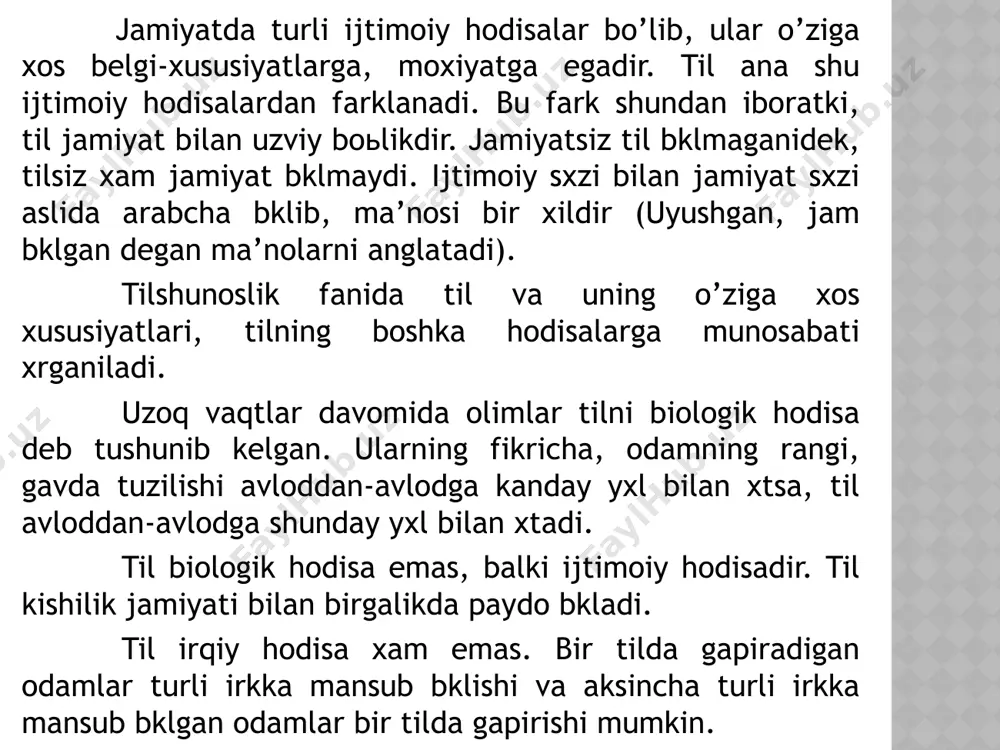 l jamiyatning umumiy potentsial aloka vositasi bklsa, nutq tilning bevosita tatbiki, yashashidir. tilning tovush tomoni, sxz va gap tomoni birlashsa, nutq xosil bkladi, tilning bu uch elementi asosiy element bklib, nafakat nutqda reallashadi. nutq yxk vaktda ular xotirada saklanadi. til bilan nutq orasida dialektik munosabat shundan iboratki, nutq faoliyati natijasida nutq shakllanadi. nutq elementlardan tuziladi, til elementlariga ajraladi, til elementlari yana nutq faoliyati uchun xizmat kiladi. til birikmalari (so’z va gaplar) tafakkur protsessida bevosita ishtirok etadi. odam fakat nutq jarayonida sxzlardan foydalanib kolmaydi. til bilan tafakkurning munosabati ayniksa, ichki nutqda yakkol kxrinadi. til va nutqning xzaro munosabatiga kelsak, til jamiyatning umumiy potentsial aloka vositasi bklsa, nutq tilning bevosita tatbiki, yashashidir. tilning tovush tomoni, sxz va gap tomoni birlashsa, nutq xosil bkladi, tilning bu uch elementi asosiy element bklib, nafakat nutqda reallashadi. nutq yo’q vaqtda ular xotirada saqlanadi. til bilan nutq orasida dialektik munosabat shundan iboratki, nutq faoliyati natijasida nutq shakllanadi. …