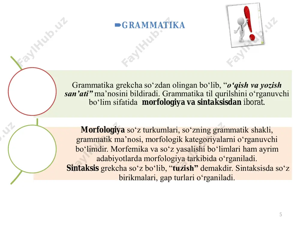 h fe’l ravish 33 mustaqil so‘z turkumlari yordamchi sozlar yordamchi sozlar bog‘lovchi ko‘makchi yuklama oraliqdagi so‘zlar oraliqdag i so‘zlar modal so‘zlar undov so‘zlar taqlid so‘zlar so ‘z la rn in g se m an ti k ta sn if i (r .s ay fu lla ye va ) mustaqil lug‘aviy ma’noli so‘z: fe’l, ot, sifat, son, ravish, taqlid nomustaqil lug‘aviy ma’noli so‘z: olmosh va so‘z-gap. lug‘aviy ma’nosiz so‘z: ko‘makchi, bog‘lovchi, yuklama so‘zlarning morfologik tasnifi: 1 2 4 o‘zgaruvchi leksema: fe’l, ot, sifat, son o‘zgarmas leksema: ko‘makchi, bog‘lovchi, ravish, yuklama, undov, so‘z-gap. s o ‘z la r n in g s in ta k ti k ta s n if i ( r .s a y fu ll a y e v a ) gap bo‘lagi bo‘lishga xoslanmagan so‘z: undov, modal, so‘z-gap gap bo‘lagi bo‘lishga xoslangan so‘z: fe’l, ot, sifat, son, ravish, taqlid, olmosh; sintaktik aloqa vositasi bo‘lishga xoslangan so‘z: ko‘makchi, …