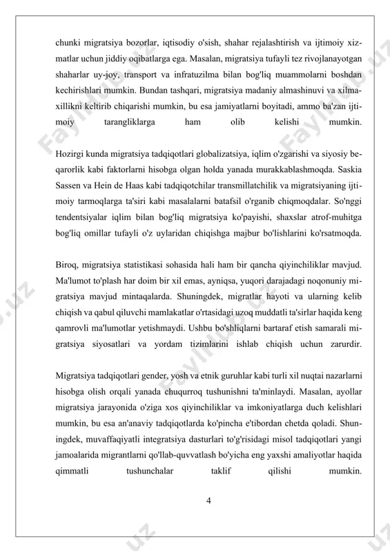 im darajasi yuqori bo'lgan shaxslar ko'pincha madaniy va ijtimoiy moslashuvga tayyor bo'ladilar. shuningdek, ijtimoiy omillar, masalan, sog'liqni saqlash xizmatlarining mavjudligi va sifatiga bog'liq bo'lib, bu ham migratsiya jarayonini ta'sir qilishi mumkin. sog'lom yashash sharoitlari va yaxshi sog'liqni saqlash tizimlari migrantlar uchun muhim omillardir, chunki ular xavfsiz va rivojlangan hududlarga ko'chishni afzal ko'radilar. migratsiya jarayonida madaniy omillar ham muhim rol o'ynaydi. madaniyat va an'analar, shuningdek, migrantlarning yangi joylarga qanday moslashishini belgilaydi. masalan, ba'zi migrantlar o'z madaniyatlarini saqlab qolishga harakat qilishlari mumkin, bu esa ularning yangi muhitda qanday integratsiyalashishini ta'sir qilishi mumkin. madaniy moslashuv qiyin bo'lishi mumkin va bu, o'z navbatida, migratsiya jarayonining ixchamligini oshiradi. ijtimoiy omillarning migratsiya tendensiyalariga ta'siri haqida ko'plab tadqiqotlar mavjud. misol uchun, ijtimoiy tarmoqlar orqali ko'plab migrantlar o'z yaqinlari orqali yangi joylarga ko'chishni tanlaydilar. bu ijtimoiy tarmoqlar orqali ma'lumot olish va yordam ko'rsatish jarayoni, shuningdek, yangi joyda muammolarni hal qilishda qo'llaniladi. bunday ijtimoiy tarmoqlar ko'pincha migrantlarning muvaffaqiyatli integratsiya …