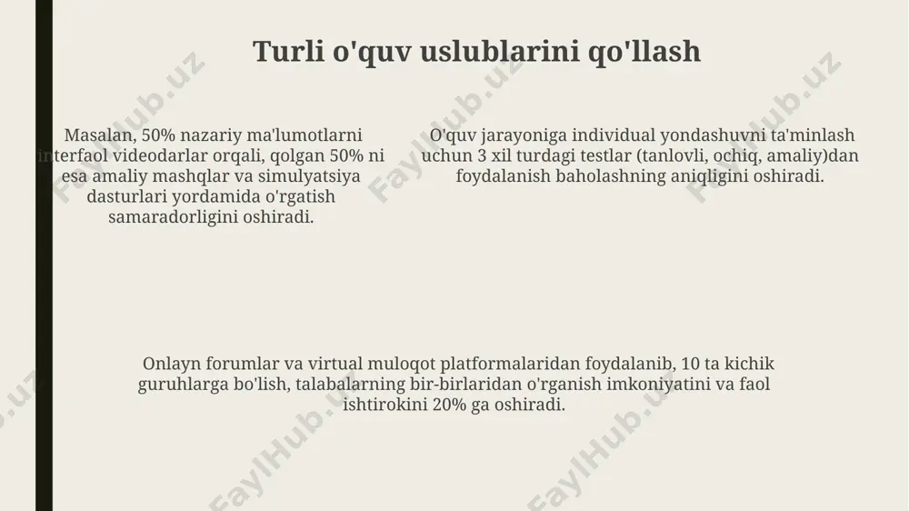 alarning 75%ga yaqini mustaqil o'rganish usullarini qo'llashini hisobga olib, o'z-o'zini baholash va o'rganishni rag'batlantiruvchi strategiyani ishlab chiqishi zarur. o'qituvchilar, samarali masofaviy o'qitishni ta'minlash uchun, kamida 5 xil onlayn platformalar va vositalar, jumladan, video konferentsiya dasturlari va lms tizimlaridan foydalanishni bilishi kerak. o'qituvchilar, samarali masofaviy o'qitishni ta'minlash uchun, kamida 5 xil onlayn platformalar va vositalar, jumladan, video konferentsiya dasturlari va lms tizimlaridan foydalanishni bilishi kerak. tibbiyotda gibrid o'qitish modellari tibbiyotda gibrid o'qitishning 70%i amaliy mashg'ulotlar va simulyatsiyalarni, 30%i esa onlayn ma'ruza va mustaqil o'rganishni o'z ichiga oladi, bu samaradorlikni oshiradi. gibrid o'qitishda 5 ta asosiy bosqich (kirish, tushuncha, amaliyot, baholash, takrorlash) qo'llanilib, har bir bosqich uchun onlayn va oflayn faoliyatlar muvozanati ta'minlanadi. gibrid model talabalarga 24/7 onlayn resurslarga kirish imkoniyatini berib, shaxsiylashtirilgan o'rganish tezligini ta'minlaydi va shu bilan birga yuzma-yuz muloqot va amaliy ko'nikmalarni rivojlantirishni qo'llab-quvvatlaydi. masofaviy o'qitishda muammolar va ularning yechimlari masofaviy tibbiyot ta'limida internetga kirishning cheklanganligi (30% talabalarda) katta …