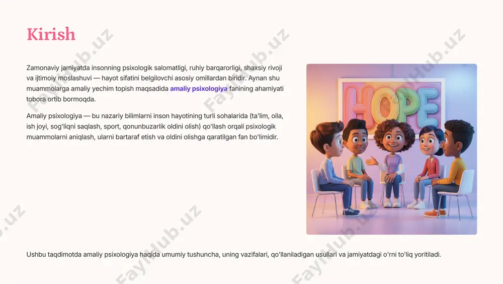 amaliy psixologiya 1990-yillardan boshlab jiddiy rivojlanishga kirishdi. hozirda maktab, oliy o'quv yurtlari, korxonalar, oilaviy markazlar, harbiy qismlar, qamoqxonalar va tibbiyot muassasalarida psixologlar faol ishlaydi. amaliy psixologiya fanining asosiy vazifalari amaliy psixologiya oltita asosiy vazifani bajaradi va har biri inson hayotining turli jabhalarida muhim ahamiyat kasb etadi: psixologik diagnostika shaxsning xulq-atvori, hissiy-holati, aqliy rivoji va shaxsiy xususiyatlarini aniqlash konsultatsiya psixologik muammolarni hal qilishda yordam berish va maslahat berish profilaktika psixologik muammolarning oldini olish choralarini ko'rish tuzatish noto'g'ri xulq-atvorni ijobiy tomonga o'zgartirish reabilitatsiya ruhiy jarohat olgan shaxslarga yordam ko'rsatish ta'lim va tarbiya psixologik madaniyatni oshirish va bilimlarni ommalashtirish psixologik diagnostika maqsadi shaxsning xulq-atvori, hissiy-holati, aqliy rivoji, shaxsiy xususiyatlari, stressga chidamliligi, motivatsiyasi va boshqa psixologik xususiyatlarini aniqlash. asosiy usullari testlar va so'rovnomalar suhbatlar va kuzatish proyektiv usullar rorschax testi "uy-daraxt-odam" testi psixologik diagnostika 4 bu shaxsning ichki dunyosini tushunish va unga mos yordam ko'rsatish uchun poydevordir. psixologik konsultatsiya (maslahat) shaxs yoki guruhga psixologik …