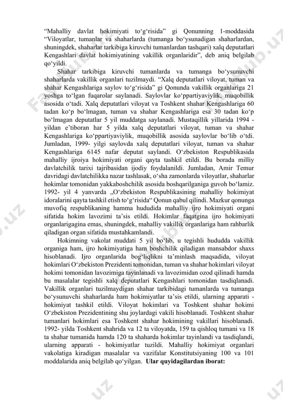 at soliq qo‘mitasi, bojxona qo‘mitasi tuzildi. davlat nazorati qo‘mitasi, uning joylardagi organlari tugatildi, prezident devonida nazorat inspeksiyasi, hokimiyatlarda tegishli nazorat inspeksiyalari tuzildi. davlat suverenitetini amalga oshiruvchi tuzilmalar - tashqi ishlar vazirligi, mudofaa vazirligi, ichki ishlar vazirligi, milliy xavfsizlik xizmati, oliy attestatsiya komissiyasi va boshqa hukumat organlari tashkil etildi. islohotlarni chuqurlashtirish va muvofiqlashtirish maqsadida prezident huzurida iqtisodiy islohot, tadbirkorlik va chet el investitsiyalari bo‘yicha idoralararo kengash tuzildi. davlat mulkini boshqarish va tadbirkorlikni qo‘llab-quvvatlash davlat qo‘mitasi tashkil etildi. bu qo‘mita mulkni davlat tasarrufidan chiqarish va xususiylashtirish dasturlarini ishlab chiqishda, ko‘p ukladli iqtisodiyotni shakllantirishda muhim tadbirlarni amalga oshirdi. qo‘mita investitsiya fondlari, fond birjalari, ko‘chmas mulk birjalari, auditorlik xizmatlari va boshqa bozor strukturasi tuzilmalarini tashkil etmoqda. o‘zbekistonning xorijiy mamlakatlar bilan aloqasini yo‘lga qo‘yish maqsadida respublika tarixida birinchi marta tashqi iqtisodiy aloqalar vazirligi tuzildi, vazirlik tovarlar va xizmatlar xalqaro bozorini tahlil qilish, tashqi iqtisodiy faoliyat sohasidagistrategiyani ishlab chiqish, eksport-import bo‘yicha markazlashgan tartibda mahsulotlar yetkazib berish …
