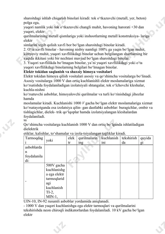 elektr yoylaridagi uchqunlar ta’sirida yuz beradi. elektr tokining inson tanasiga ta’sirini belgilovchi omillar orasida tok kuchi miqdori asosiy ko‘rsatkichlardan hisoblanadi. tok kuchini inson tanasiga ta’sir darajasiga qarab quyidagi guruhlarga ajratishimiz mumkin: 1. sezilarli tok (2 ma gacha). 2. qo‘yib yubormaydigan tok (10...25 ma). 3. fibrillatsion tok (50 ma dan yuqori). elektr tokidan shikastlanishda inson tanasining qarshiligi muhim rol o‘ynaydi. inson tanasining elektr toki ta’siriga qarshiligi terining holatiga (quruq yoki ho‘1, dag‘al yoki mayin, jarohatlangan yoki jarohatlanmagan), elektr simi bilan bog‘lanish yuzasiga va darajasiga, tok kuchi va tok chastotasiga, tokning inson tanasi orqali o‘tish yo‘liga hamda ta’sir vaqtiga bog‘liq bo‘ladi. inson tanasining elektr tokiga qarshiligi 1000 ot. dan 100000 ot. gacha bo‘lishi mumkin. odamning tok ta’siriga qarshiligi 30 sek. dan keyin taxminan 25%, 90 sek. dan keyin esa 70 % ga kamayadi. inson uchun 10 ta. gacha bo‘lgan o‘zgaruvchan tok, 50 ta. gacha bo‘lgan o‘zgarmas tok xavfsiz hisoblanadi, shuningdek 0,05 a …