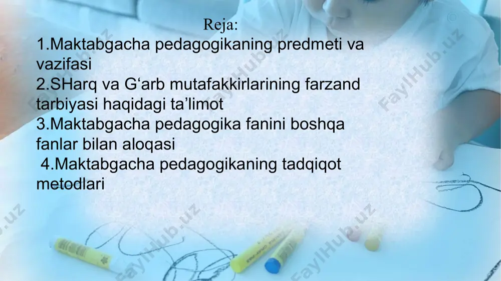 iroq sharoitlar yaratishda yordam beradi. maktabgacha pedagogika bola tarbiyasida uning yosh va psixologik xususiyatlarini hisobga olib boradi. shu bois, pedagogika uchun pedagogik psixologiyaning bola xususiyatlari, ularda o‘tadigan psixik jarayonlarning qonuniyatlari haqidagi ma'lumotlar muhimdir. shunga ko‘ra pedagogikaning psi xologiya fani bilan bog‘liqligi an'anaviy tus olgan. hozirgi zamon pedagogikasi ko‘p tarmoqli fan bo‘lib, avvalo, u tarbiya ijtimoiy hodisa ekanligi jihatidan pedagogika tarixi bilan bog‘lanadi. pedagogikaning boshqa fanlar bilan bog‘lanish tizimida etnografiya, xalq pedagogikasi alohida o‘rin tutadi. umumiy pedagogika guruhi - uzluksiz ta'lim jarayonining o‘ziga xosligini asoslab beruvchi oila pedagogikasi, maktabgacha pedagogika, maktab pedagogikasi, kasb-hunar talimi pedagogikasi, oliy ta'lim pedagogikasi, maxsus pedagogika kabi tarmoqlarga bo‘lingan. 4.maktabgacha pedagogikaning tadqiqot metodlari metod (lotincha-metodas-yo‘l so‘zidan) tadqiqot yo‘li, nazariya, ta'limot deb tarjima qilinadi. ilmiy tushuncha sifatida «metod» so‘zi keng ma'noda muayyan maqsadga erishish yo‘lini, tor ma'noda tabiat va ijtimoiy hayot hodisalari va qonuniyatlarini bilish maqsadida qandaydir vazifani hal etish usulini bildiradi. obyektiv dunyoni bilish, nazariyada nimani o‘rganish …