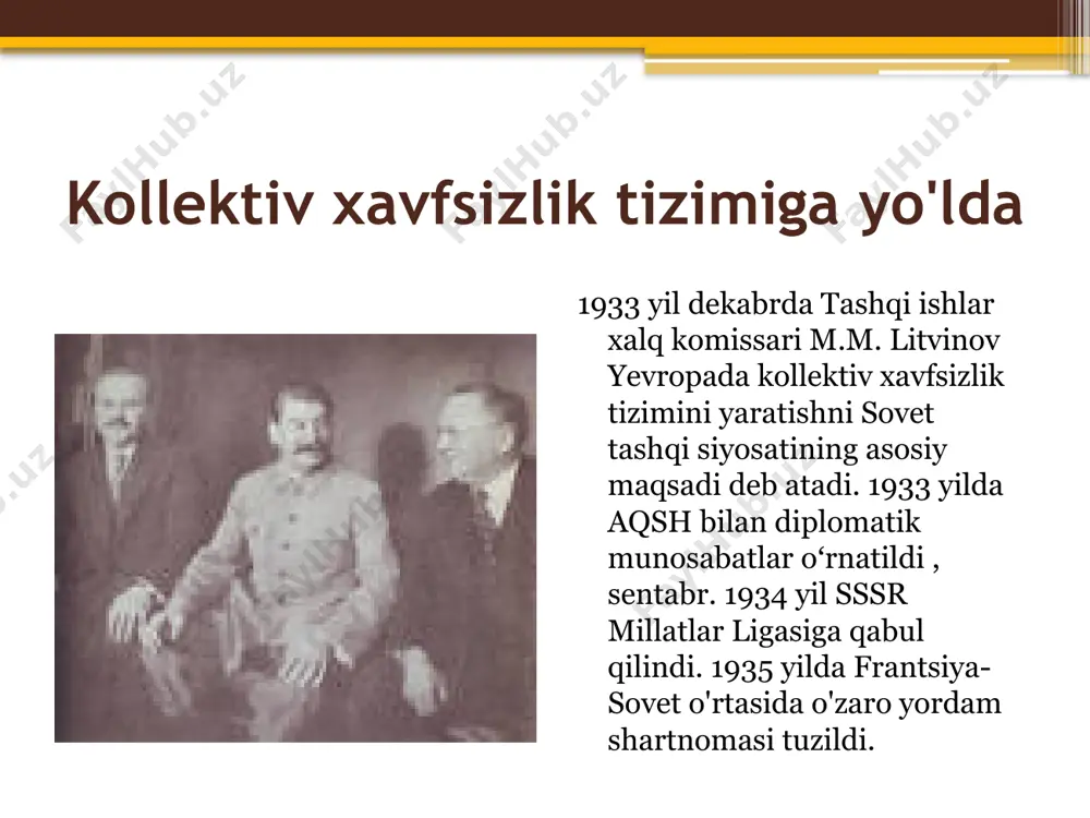 iya bilan yaqinlashishga intiladi - haqiqiy urush xavfini keltirib chiqaradi . bundan tashqari, mamlakat sharqida qiyin vaziyat yuzaga keldi, yaponiyaning tajovuzkorligi haqiqatan ham ikki jabhada urush olib borish istiqbollarini anglatardi. xalxin-gol daryosidagi voqealar (1939 yil may-sentyabr) ribbentrop-molotov pakti (1939 yil 23 avgust) "qishki urush" (1939 yil noyabr - 1940 yil dekabr) sovet-fin urushining natijalari vyborg va vyborg ko'rfazi bilan kareliya isthmus, ladoga ko'lining g'arbiy va shimoliy qirg'oqlari, kareliya shimolidagi hududning bir qismi, rybachy va sredniy yarim orollarining bir qismi sssrga o'tdi. sovet harbiy-dengiz bazasini yaratish uchun xanko yarim orolini ta'minlash 1940-yil 14-dekabrda sssr agressor deb tan olindi va millatlar ligasidan chiqarib yuborildi. sssrning katta yo'qotishlari: 126 ming kishi halok bo'ldi sssrning yangi chegaralari 1939 _ boltiqbo'yi respublikalari hukumatlari sssr bilan o'zaro yordam shartnomalarini imzolashga majbur bo'ldilar, bu mamlakatlar hududiga sovet qo'shinlari kiritildi va harbiy bazalar qurilishi boshlandi. 1940 yilda sovet hukumati ruminiyadan 1918 yilda ruminiyaliklar tomonidan tortib olingan bessarabiyani qaytarishni …