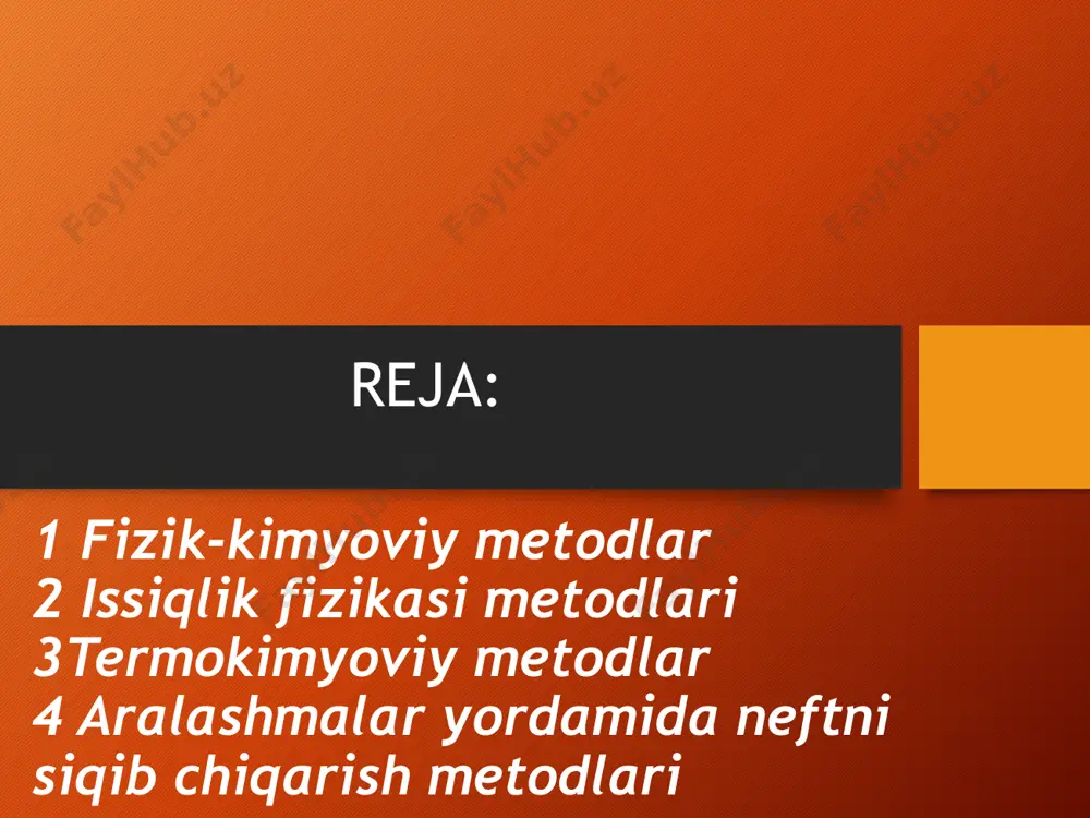 – suv yordamida harakatlanadi. issiqlik fizikasi metodlari qatlamga yer yuzasidan turib issiqlik (bug’ yoki qaynoq suv) yuborishga asoslangan metod.neftni bug’ yordamida siqib chiqarish. yuqori qovushqoqlikka – 40-50 mpa·s ega bo’lgan uyumlarni ishlatishga asoslangan metod bo’lib, oddiy suv bostirish metodidan foydalanib bo’lmaydigan hollarda qo’llaniladi. sobiq ittifoqda va o’zbekistonda qatlamga suv bostirish bilan birga bug’ ham yuborib ta’sir etish jarayoni nazariy jihatdan asoslangan. qatlamga yuborilayotgan bug’ uyum bo’shlig’i hajmining 20-30% ni egallab, unda yuqori haroratli hoshiya hosil qiladi va qatlamga haydalayotgan suv bilan aralashadi. ushbu metodni qo’llash natijasida neftni chiqarib olish koeffitsienti miqdori 0,4-0,6 va undan yuqoriroq bo’ladi. qaynoq suv yordamida neftni siqib chiqarish. bu metod yuqori qovushqoqlikka ega bo’lagan neft uyumlarini ishlatishda, shuningdek, yuqori parafinli neft uyumlaridan neft chiqarib olish koeffitsientini oshirishda qo’llaniladi.bu metodda ham neftni chiqarib olish koeffitsientini oshirishda qatlamga bug’ haydash metodida qayd qilingan omillardan foydalaniladi. lekin qaynoq suv yordamida qatlamdan neftni siqib chiqarish metodi kam samarali bo’lib,qatlamni qizdirishga …