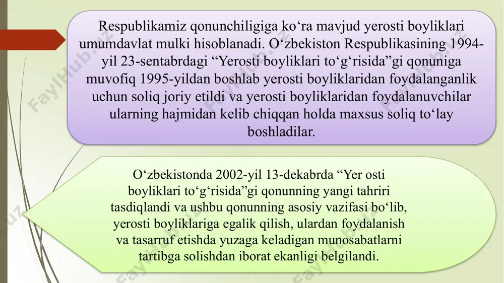 ni saqlab turish va (yoki) uglevodorodlarni yopiq texnologik jarayon doirasida ajratib olish uchun mahsuldor qatlamga qayta haydab kiritiladigan tabiiy gaz hajmi; - soliq to’lovchilarga berilgan yer uchastkalari doirasida qazib olingan (ajratib olingan) hamda o’zining xo’jalik va ro’zg’or ehtiyojlari uchun foydalanilgan keng tarqalgan foydali qazilmalar. keng tarqalgan foydali qazilmalar ro’yxati qonun hujjatlari bilan belgilanadi; - qonun hujjatlarida belgilangan tartibda daryo o’zanlarini tozalash va qirg’oqlarni mustahkamlash ishlari natijasida qazib olingan (ajratib olingan) noruda foydali qazilmalar, bundan qayta ishlangan va realizatsiya qilingan foydali qazilmalar hajmi mustasno. soliq solish ob’ekti foydali qazilmaning har bir turi bo’yicha alohida aniqlanadi. qazib olingan (ajratib olingan) foydali qazilmalar foydali komponentlar qazib olingan uglevodorodlar uglevodorodlarni qayta ishlash jarayonida ajratib olingan foydali komponentlar qimmatbaho metallar va qimmatbaho toshlar 450-modda. soliq solish ob’ekti 451-modda. soliq bazasi soliq bazasi yer qa’ridan foydalanuvchi tomonidan mustaqil ravishda har bir qazib olingan (ajratib olingan) foydali qazilmaga, shu jumladan asosiy foydali qazilmani qazib olishda birga chiqadigan …
