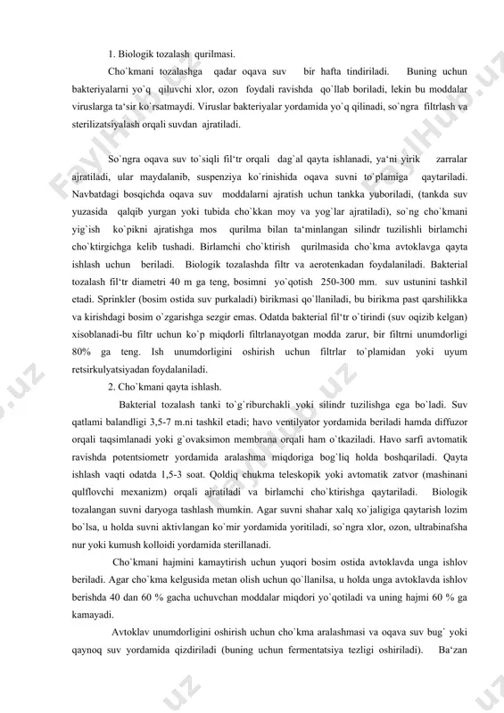 k ravishda potentsiometr yordamida aralashma miqdoriga bog`liq holda boshqariladi. qayta ishlash vaqti odatda 1,5-3 soat. qoldiq chukma teleskopik yoki avtomatik zatvor (mashinani qulflovchi mexanizm) orqali ajratiladi va birlamchi cho`ktirishga qaytariladi. biologik tozalangan suvni daryoga tashlash mumkin. agar suvni shahar xalq xo`jaligiga qaytarish lozim bo`lsa, u holda suvni aktivlangan ko`mir yordamida yoritiladi, so`ngra xlor, ozon, ultrabinafsha nur yoki kumush kolloidi yordamida sterillanadi. cho`kmani hajmini kamaytirish uchun yuqori bosim ostida avtoklavda unga ishlov beriladi. agar cho`kma kelgusida metan olish uchun qo`llanilsa, u holda unga avtoklavda ishlov berishda 40 dan 60 % gacha uchuvchan moddalar miqdori yo`qotiladi va uning hajmi 60 % ga kamayadi. avtoklav unumdorligini oshirish uchun cho`kma aralashmasi va oqava suv bug` yoki qaynoq suv yordamida qizdiriladi (buning uchun fermentatsiya tezligi oshiriladi). ba‘zan avtoklav to`plami qo`llaniladi. loyihalashda hisoblangan yetarli avtoklav hajmi 30 l/ odamga teng keladi. 1 mln. aholisi bor shahar uchun avtoklav hajmi 30 mln.l ga to`g`ri keladi. cho`kmadan olingan …