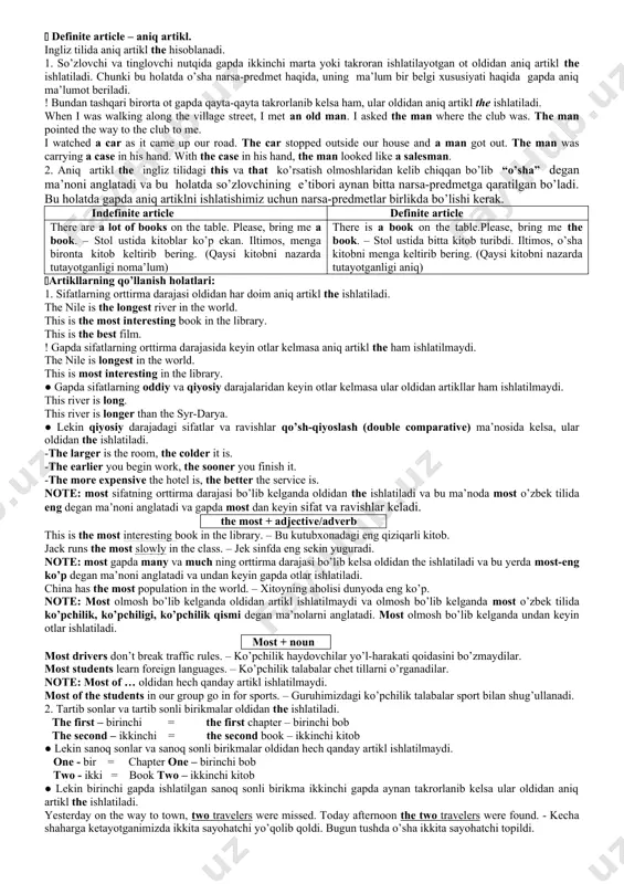 r oldidan so - shunday, too - nihoyatda, o’ta, how – qanday, as - … dek ravishlari kelsa, noaniq artikllar sifat + sanaladigan birlikdagi ot o’rtasida ishlatiladi. model: so/too/as…as/how + adjective + a/an + singular count noun - so clever a boy. too good a book. this is as interesting a film as the film we saw last week. how nice a man he is! 6. kishi kasbini va unvonini bildirgan otlar gapda ot kesim vazifasida birlikda kelsa ular oldidan noaniq artikllar ishlatiladi. -i am a teacher -he is a doctor. lekin kishi kasbini va unvonini bildirgan otlar gapda ot kesim vazifasida ko’plikda kelsa, ular oldidan hech qanday artikllar ishlatilmaydi. -we are teachers. -they are doctors. ●kishi kasbini bildirgan otlar birlikda ega vazifasida aniq ma’noda kelsa ular oldidan aniq artikl the ishlatiladi. the teacher gave me a “2” yesterday – o’qituvchi kecha menga “2” qo’ydi. (sizga tanish bo’lgan, sizga dars …