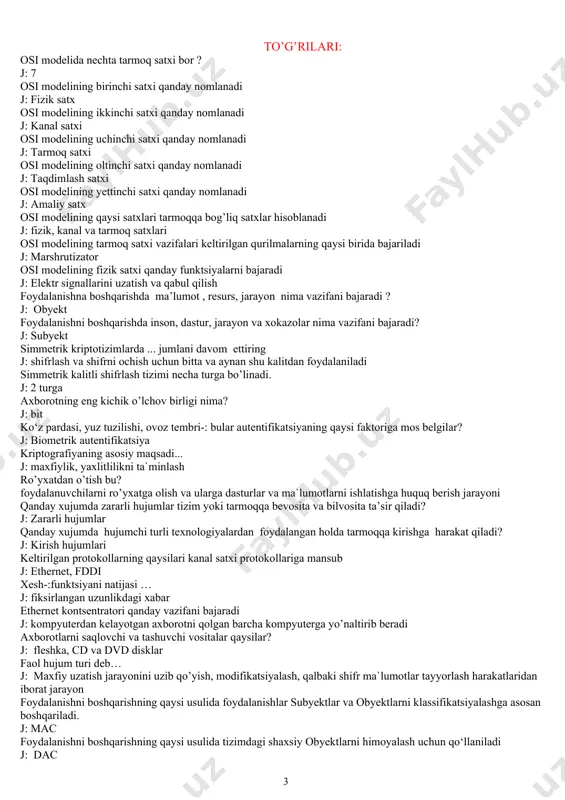 rayonini uzib qo’yish, modifikatsiyalash, qalbaki shifr ma`lumotlar tayyorlash harakatlaridan iborat jarayon foydalanishni boshqarishning qaysi usulida foydalanishlar subyektlar va obyektlarni klassifikatsiyalashga asosan boshqariladi. j: mac foydalanishni boshqarishning qaysi usulida tizimdagi shaxsiy obyektlarni himoyalash uchun qo‘llaniladi j: dac foydalanishni boshqarishning qaysi modelida obyekt egasining o‘zi undan foydalanish huquqini va kirish turini o‘zi belgilaydi j: dacfinternetda elektron pochta bilan ishlash uchun tcp/ipga asoslangan qaysi protokoldan foydalaniladi? foydalanishni boshqarishning qaysi usuli -: obyektlar va subyektlarning atributlari, ular bilan mumkin bo‘lgan amallar va so‘rovlarga mos keladigan muhit uchun qoidalarni tahlil qilish asosida foydalanishlarni boshqaradi. j: abac foydalanishni boshqarishning qaysi modelida har bir obyekt uchun har bir foydalanuvchini foydalanish ruxsatini belgilash o‘rniga, rol uchun obyektlardan foydalanish ruxsati ko‘rsatiladi? j: rbac to’rtta bir-:biri bilan bog’langan bog’lamlar strukturasi (kvadrat shaklida) qaysi topologiya turiga mansub j: xalqa yulduz to’liq bog’lanishli yacheykali qanday xujum asosiy hujumlarni oson amalga oshirish uchun tashkilot va tarmoq haqidagi axborotni to‘plashni maqsad qiladi? j: dns …