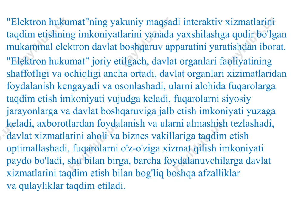 ekvizitlar ham belgilanishi mumkin. elektron kalitlar va sertifikatlar. elektron raqamli imzoning yopiq kaliti - bu faqat xujjat muallifiga ma’lum bo‘lgan va elektron hujjatda elektron raqamli imzoni hosil qilish uchun mo‘ljallangan belgilar ketma-ketligi. elektron raqamli imzoning ochiq kaliti bu elektron xujjatning kim tomonidan yuborilganligini aniqlash va uni haqiqiyligini tasdiqlashda qo‘llanilishi mo‘ljallangan belgilar ketma-ketligi. elektron sertifikatlar - bu sertifikatsiya tizimi qoidalariga binoan belgilangan talablarga ko‘ra elektron raqamli imzo vositalarining muvofiqligini tasdiqlash uchun hamda elektron raqamli imzo kalitining sertifikati elektron raqamli imzoning ochiq kalitining elektron raqamli imzoning yopiq kalitiga mosligini tasdiqlaydigan va elektron raqamli imzo yopiq kalitining egasiga ruyxatga olish markazi tomonidan berilgan hujjat. 2.elektron hukumat tizimi elektron hukumat (ingl. e-government) – bu fuqarolar, biznes, davlat hokimiyati boshqa tarmoqlari va davlat amaldorlariga axborot taqdim etish hamda avvaldan shakllangan davlat xizmatlarini ko‘rsatish bo‘lib, bunda davlat va fuqaro o‘rtasidagi shaxsiy aloqa minimallashtirilgan bo‘ladi va axborot texnologiyalaridan maksimal darajada foydalaniladi. elektron hukumat - bu axborot texnologiyalari …