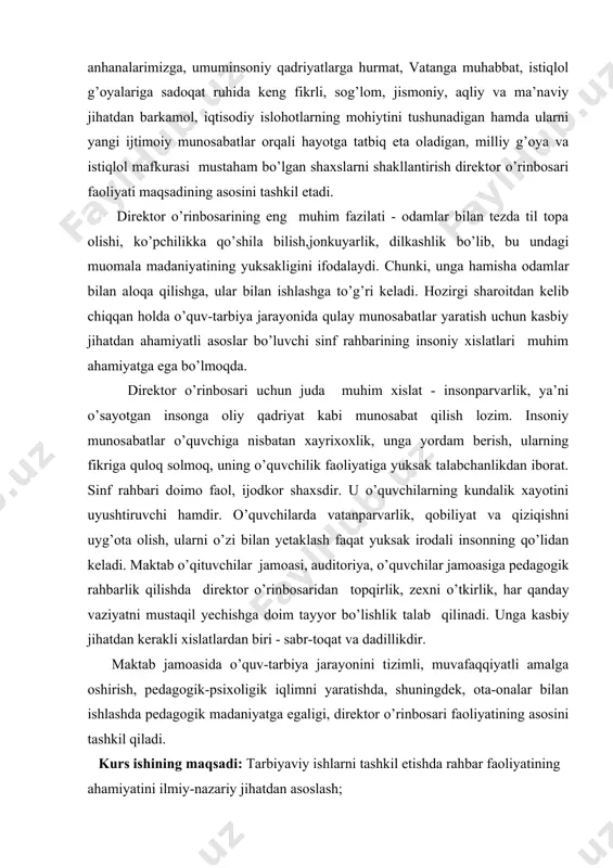 metodologik asoslari: o’zbekiston respublikasi konstitutsiyasi, “inson huquqlari umumjaxon deklaratsiyasi”, o’zbekiston respublikasining “ta’lim to’g’risida”gi qonuni, “oila maktab mahalla hamkorligi konsepsiyasi,“oila kodeksi”, o’zbekiston respublikasi prezidenti sh.m.mirziyoyevning 2017 yil 7-fevraldagi farmoni bilan 2017-2021-yillarda o‘zbekistonni rivojlantirishning beshta ustuvor yo‘nalishi bo‘yicha harakatlar strategiyasi, “oila va nikoh” qonuni, “o’zbekiston respublikasida oila institutini mustahkamlash konsepsiyasini tasdiqlash” to’g’risida hamda “aholining kam ta’minlangan qatlamlarini qo’llab-quvvatlashga oid qo’shimcha-chora-tadbirlar to’g’risida”gi qarorida hukumat qarorlari va ilg’or tajribalar. kurs ishining amaliy ahamiyati: tadqiqot jarayonida ilgari surilgan fikrlardan, yondashuvlardan hamda samaradorlikni ta’minlovchi tadqiqot natijalari tarbiyaviy ishlar metodikasi fanlari bo‘yicha ma’ruzalar tayyorlash, uslubiy qo‘llanmalar yaratish, shuningdek metodik tavsiyanomalar yaratishda, ish tajribalarini ommalashtirishda samarali foydalanishga xizmat qiladi. kurs ishining tarkibiy tuzilishi va xajmi: ish kirish, 4ta reja, xulosa va foydalanilgan adabiyotlar ro`yxatidan iborat bo`lib, jami sahifani tashkil qiladi. 1.maktabdagi tarbiyaviy ishlar tizimida sinf rahbarining faoliyatining dolzarbligi va nazariy asoslari. tarbiya jarayonining mazmuni bolalarga beriladigan ma’naviy axloqiy bilimlar tizimi, ishonch, e’tiqod, intizom, xulq-atvorni butun bir holatini tashkil …