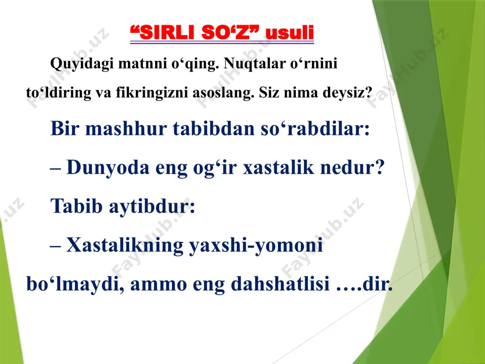 jralib turadi. badiiy uslubda muallif asarning estetik ta’sirini kuchaytirish maqsadida tilning leksik va grammatik vositalardan ustalik bilan va ijodiy foydalanishi, turli ifodaviy vositalarni qo‘llashi yoki o‘zi yangilarini yaratishi mum­kin bo‘ladi. shuning uchun ham bu uslubda yozuvchilar mavjud so‘zlarni obrazli ishlatishdan tashqari o‘ziga xos so‘z va iboralar ham ijod etadilar. ilmiy uslub ilmiy uslub tabiat va ijtimoiy hayotdagi bar­cha narsa hamda hodisalar to‘g‘risida aniq, asoslangan, izchil ma’lumot berishda qo‘llana­di. unda narsa-hodisa mohiyatini ta’riflash, tahlil qilish, sababini aniqlab, dalillar bilan isbotlash va asosli natijalarni bayon etish muhim hisoblanadi. maxsus atamalar bu uslubning leksikasini tashkil qiladi, unda adabiy me’yorga qat’iy rioya etilgani holda majhul nisbatdagi fe’llar va murakkab qurilishli gaplar keng ishlatiladi. ilmiy uslub bilimning turli sohalariga qarab, shuningdek, kimga mo‘ljallanganligiga nis­batan o‘zaro farqlanadi. masalan, fan sohalari muayyan shartli belgilar, formulalar, bayon qilish materiali bilan ajralib turadi. ilmiy uslubdagi kitoblar ilm-fanga oid ma’lumotlar berish bilan mutaxassislargagina mo‘ljallanishi (sof ilmiy uslub) yoki bunday ilmiy …