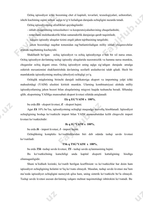 diyot” tezislari hukmron iqtisodiyotning kamroq rivojlangan davlatlarga qarshi qaratilgan quroli, shuningdek amerika korporatsiyalarining tutib bo‘lmas ekspansiyaga intilishlari edi. ammo urushdan keyingi yillarda dunyoda ijtimoiy-iqtisodiy holatning o‘zgara borishi bilan bog‘liq holda “ochiq iqtisodiyot” haqidagi tezis amerika ekspansionizmining manfaatlariga yo‘naltirilganlikni yo‘qota borib, jahon xo‘jalik aloqalarining baynalminallashuvi ma’nosini ola boshladi. jahon iqtisodiyotida ochiq iqtisodiyotni shakllanishida davlat muhim rol o‘ynadi. davlat tovar va xizmatlar olib chiqishni rag‘batlantirib, xorijiy firmalar bilan kooperatsiyalarga, tashqi iqtisodiy aloqalarni rivojlanishiga yordamlashib, o‘ziga eksportga yo‘naltirilgan ishlab chiqarishni rag‘batlantirish funksiyasini bajarmoqda. chet eldan investitsiyalar, texnologiyalar, ishchi kuchi va axborot vositalarini oqib kelishini yengillashtiruvchi mustahkam huquqiy asos yaratildi. jahon iqtisodiyoti va xalqaro iqtisodiy munosabatlarda “erkin savdo” va “ochiq iqtisodiyot” tushunchalarini farqlash lozim. “erkin savdo” haqidagi konsepsiya a.smitning siyosiy iqtisodiyotidan boshlanib u va zamonaviy amerika iqtisodchilarining kashfiyoti emas. “ochiq iqtisodiyot” tushunchasi aslida ishlab chiqarish omillari, axborot, milliy valyutalarning o‘zaro almashuvining erkin harakatini o‘z ichiga olgan tovarlar savdosi ko‘rinishida bo‘lib “erkin savdo” tezisidan kengroq …