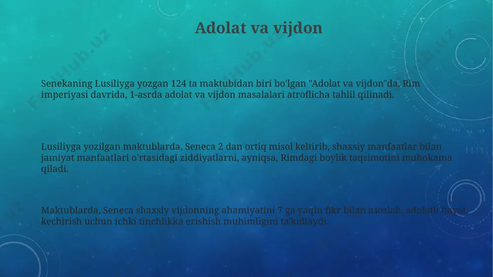 yalarni o'z ichiga oladi. amaldagi falsafa lusiliyga yozilgan maktublar, 1-asr rim jamiyatining ijtimoiy va siyosiy muammolarini, masalan, boylikka intilish va hokimiyatga bo'lgan ishtiyoqni, shuningdek, shaxsiy baxtga erishish yo'llarini aks ettiradi. taxminan 80 dan ortiq maktub omon qolgan. stoitsizmning asosiy tamoyillaridan biri bo'lgan "o'z-o'zini boshqarish" tushunchasi, senekaning lusiliyga yozgan 123 ta maktubining ko'pchiligida, rim imperiyasining turli qismlarida joylashgan shaxslarga murojaat qilish orqali keng muhokama qilinadi. senekaning lusiliyga yozgan axloqiy maktublarida, taxminan 123 ta xatdan iborat bo'lib, rim imperiyasi davrida, milodiy 65 yilda yozilgan. ular stoitsizm falsafasining 2 asosiy tamoyillarini: tabiatga muvofiqlik va o'z-o'zini boshqarishni aks ettiradi. jasorat va sabr-toqat jasorat va sabr-toqat tushunchalari, senekaning fikricha, shaxsiy farovonlikka erishishning muhim tarkibiy qismlari bo'lib, stoik falsafa maktabining 3 asosiy tamoyillaridan biri hisoblanadi. senekaning lusiliyga yozgan 124 ta maktubida sabr-toqat va jasorat, 2-asr rim imperiyasi davrida yashagan odamlarning hayot qiyinchiliklarini yengishga oid maslahatlar sifatida ko'p marta tilga olinadi. lusiliyga yozilgan maktublarning 70 dan ortiqida, …
