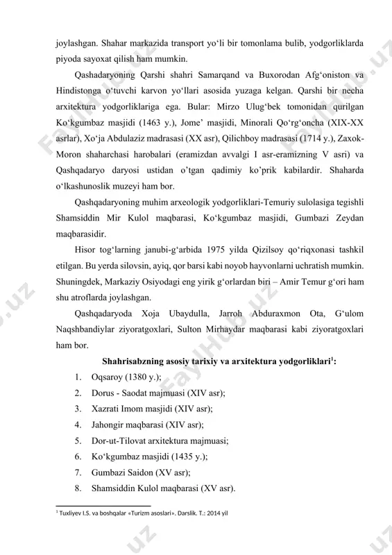 emur tomonidan ko‘plab bunyodkorlik ishlari amalga oshirilgan. amir temur o‘z davrida samarqandni poytaxt qilib olsada ota vatani keshni obod qilishni hech qachon nazaridan qochirmadi. u keshda ko‘plab jamoat binolarini bunyod etdi. biz diplom ishimizning ushbu bobida qashqadaryo viloyatining ayrim tarixiy-arxitektura yodgorliklarini ko‘rib chiqamiz. dor ut-tilovat (qur’on tilovat qilinadigan uy) majmuasi qurilishi bilan alohida e’tiborlidir. bu yerga 1370 yili otasi va o‘zining piri komili bo‘lgan shamsiddin kulolni dafn ettirdi va to‘rt yil o‘tgach qabr ustiga gumbaza qurdirib, otasi jasadini ham unga keltirib qo‘ydirdi. dor ut-tilovat oqsaroydir. amir temur tomonidan keshda bunyod etilgan mahobatli binolardan biri bu. klavixoning qoldirgan ma’lumotiga ko‘ra, oqsaroyda oliy hukmdor va oilasi yashashidan tashqari, davlat muassasalari ham faoliyat olib borgan. oqsaroyni amir temur onasi xotirasiga atab qurdirgan. uning peshtoqiga «agar bizning qudratimizni bilmoqchi bo‘lsangiz, qurgan binolarimizga boqing» deya amir temur avvalo, o‘z xalqiga, kelajak avlodlariga murojaat qilgan. aoqsaroy ma’lumki, yuneskoning butunjahon madaniy merosi ro‘yxatiga kiritilgan mazkur tarixiy inshootni …