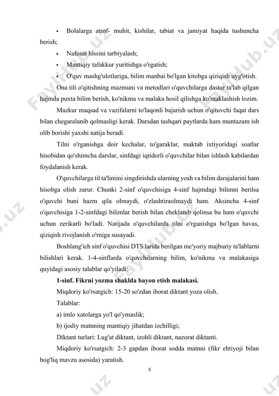 teri: o'quvchiga tanish bo'lgan va ko'z oldiga keltira oladigan buyum, manzara, voqea–hodisalar tasviri. 2-sinf. fikrni yozma shaklda bayon etish malakasi. miqdoriy ko'rsatgich: 35-40 so'zdan iborat diktant yoza olish. talablar: a) imlo xatolarga yo'l qo'ymaslik; b) ijodiy matnning mantiqiy jihatdan izchilligi; diktant turlari: lug'at diktant, yoddan yozuv diktanti, nazorat diktanti. miqdoriy ko'rsatgich: 3-4 gapdan iborat bo'lgan kichik va sodda matn (fikr ehtiyoji bilan bog'liq mavzu asosida) yaratish. talablar: a) matndagi gaplarning mazmunan o'zaro bog'liqligi va aloqadorligi, ko'rsatilgan mavzu doirasida birlashishi; b) harflar va tinish belgilarini to'g'ri yozish; d) so'z va gaplarni to'g'ri yozib, tinish belgilarini o'z o'rniga qo'ya olish. matnning xarakteri: rasm, manzara, joy, voqia-hodisalar tasviri, o'quvchiga tanish bo'lgan narsa, buyum tasviri. 3-sinf. diktant turlari: saylanma diktant, lug'at diktanti, ta’kidiy diktant, yoddan yozuv diktanti, nazorat diktanti, izohli diktant, ko'rsatish diktant. miqdoriy ko'rsatgich: 4-5 gapdan iborat bo'lgan matn (fikr ehtiyoji bilan bog'liq mavzu asosida) yaratish talablar: a) matndagi gaplarni mazmunan o'zaro bog'liqligi …