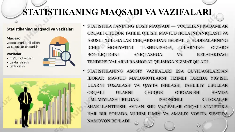 tlar tizimlashtiriladi, tahlil qilinadi va asosli xulosalar chiqariladi. statistikaning asosiy tushunchalari, uni qo‘llash bosqichlari va tarqalish ko‘rsatkichlari orqali voqelikni chuqur tahlil qilish, aniqlik va aniqlanishni ta’minlash imkoniyati yaratiladi. diagrammalar, jadvallar, dispersiya, standart og‘ish va variatsiya koeffitsienti kabi vositalar esa murakkab ma’lumotlarni sodda, ko‘rgazmali shaklda ifodalashga xizmat qiladi. xulosa qilib aytganda, statistika — bu nafaqat raqamlar to‘plami, balki ularning orqasida yotgan mantiqiy bog‘liqliklarni ochib beruvchi kuchli tahliliy vositadir. uni chuqur o‘rganish va amaliyotda qo‘llay bilish — har qanday sohada muvaffaqiyat garovidir. etiboringgiz uchun raxmat image2.png image3.png image4.png image5.png image6.png image7.png image8.png image9.png image10.png image11.png image12.png image13.png image1.png /docprops/thumbnail.jpeg