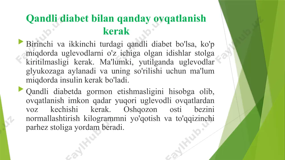 lar ovqatlanish jarayonida parhezga rioya qilinmagan holda go'sht, baliq va parrandalarning kam yog'li navlaridan foydalanishga ruxsat beriladi. sut mahsulotlari orasida siz kam yog'li tvorog, kefir va boshqa nordon sutli ichimliklarni iste'mol qilishingiz mumkin. har qanday retsept sabzavot yoki sariyog 'iste'mol qilishni o'z ichiga oladi. yuqori sifatli margarin, tuxum, donning ayrim turlari, nonning ayrim turlari, sabzavotlar, shakarsiz mevalar va mevalardan foydalanishga ruxsat beriladi. ikkinchi turdagi diabet uchun jadvalga nima qo'shilishi mumkin: javdar va bug'doy noni, kepak va xun istalmagan har qanday navlar. go'shtsiz sabzavotli sho'rva, suyakdan foydalanilgan sho'rva, kam yog'li baliq yoki go'sht bulonidan, köfte qo'shilishi bilan. siz okroshka, karam sho'rva, tuzlangan, borscht eyishingiz mumkin. haftada ikki marta, zaif go'shtli bulyon bilan loviya sho'rvasini eyishga ruxsat beriladi. go'shtning kam yog'li navlari, qaynatilgan, qovurilgan yoki pishirilgan shaklda parranda go'shti. haftada bir marta kam yog'li kolbasa yoki kolbasa cheklangan miqdorda eyishga ruxsat beriladi. tuxum tayyorlash uchun siz pishirilgan tuxum yoki yumshoq qaynatilgan kabi …
