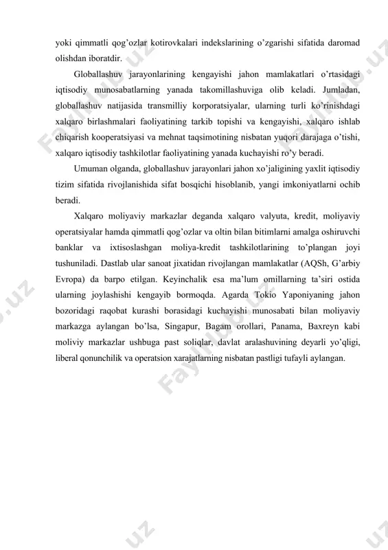 idan qarz oluvchilarga oqib o’tadi. ushbu kanallar asosan 2 guruxga bo’linadi, ya’ni: 1) to’g’ridan-to’g’ri moliyalashtirish kanallari. ushbu kanallar bo’yicha pul mablag’lari bevosita pul egalaridan qarz oluvchilarga oqib o’tadi. mazkur to’g’ridan-to’g’ri moliyalashtirishning o’zini 2 (ikki) kichik guruxga bo’lish mumkin, ya’ni: a) kapitalni moliyalashtirish. ushbu xar qanday ko’rinishdagi kelishuvdan iborat bo’lib, unga asosan investitsiya qilish niyati bo’lgan pul mablag’ining egasiga firmaning mulkida ulush ishtirokiga ega bo’lish xuquqi evaziga, uning pul mablaglarini oladi. bunga yaqqol misol bo’lib, koorporatsiya tomonidan oddiy aktsiyalarni sotilishi hisoblanadi. oddiy aktsiya - bu, koorporatsiya mulkidagi ulushga egalik tugrisidagi sertifikatdir xamda o’z egasiga koorporatsiya tomonidan olingan foydaning bir qismiga davogarlik qilish xuqiqini beradi; b) qarz (zayom) olish orqali moliyalashtirish (debt finance) - ushbu toifaga xar qanday kelishuv kirib, unga asosan firma investitsiyalarni amalga oshirish maksadida pul mablag’larini qarzga, ularni kelishilgan foizlari bilan kelgusida so’ndirish buyicha majburiyatni o’z zimmasiga oladi. ushbu xolatda kreditor shaxs, aktsiyadagiga o’xshash firma mulkidagi ulush ishtiroki xuquqiga …
