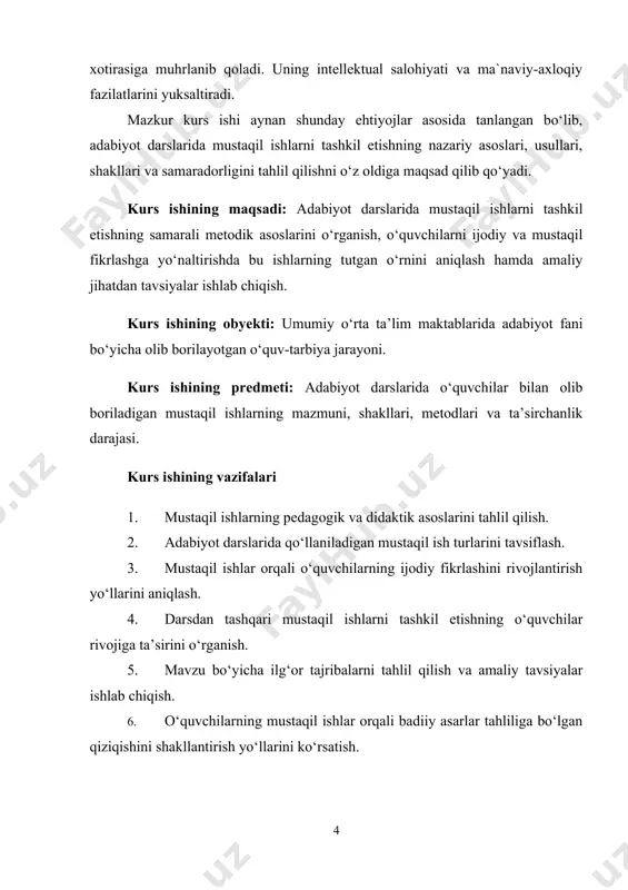 ha ilg‘or tajribalarni tahlil qilish va amaliy tavsiyalar ishlab chiqish. 6. o‘quvchilarning mustaqil ishlar orqali badiiy asarlar tahliliga bo‘lgan qiziqishini shakllantirish yo‘llarini ko‘rsatish. 1-bob. adabiyot fanidan mustaqil ishlarning ilmiy-metodik va didaktik asoslari 1.1. adabiyotdan mustaqil ishlarning ilmiy-metodik va didaktik asoslari adabiyot o`qitish metodikasida didaktik tamoyillarga keng murojaat qilinadi. buning asosiy sababi adabiy ta`limning ma`naviy-axloqiy, adabiy-estetik tarbiya bilan chambarchas bog`liqligidir. zero, eng qadimgi afsona va rivoyatlar, o`rxun-enasoy yodgorliklaridan tortib to hozirgi kungacha yaratilgan mavjud badiiy adabiyot namunalari insonni olam jumboqlariyu ko`ngil kengliklarini teran anglash orqali ma`naviy-axloqiy kamolot sari yetaklaydi[footnoteref:1]. [1: xamidov a. “adabiy ta’lim asoslari”. – t.: o‘qituvchi, 2012.] ikkinchidan, badiiy asarlarni adabiyot predmeti doirasida o`rganib, berilgan matnlarni adabiyot nazariyasi asosida tahlil etish o`quvchilarning ilmiy dunyoqarashini o`stirishga, mustaqil fikrlash qobiliyatini rivojlantirishga, nutqini boyitishga yordam beradi. uchinchidan, adabiy ta`lim jarayonida mustaqil ishlarasosida uyushtiriladigan mustaqil ishlarni bajarish orqali o`zlashtirilgan bilim, ko`nikma va malakalar o`quvchilarning ma`naviy kamolotida muhim o`rin tutadi. ko`rinadiki, adabiyot o`qitish metodikasi …