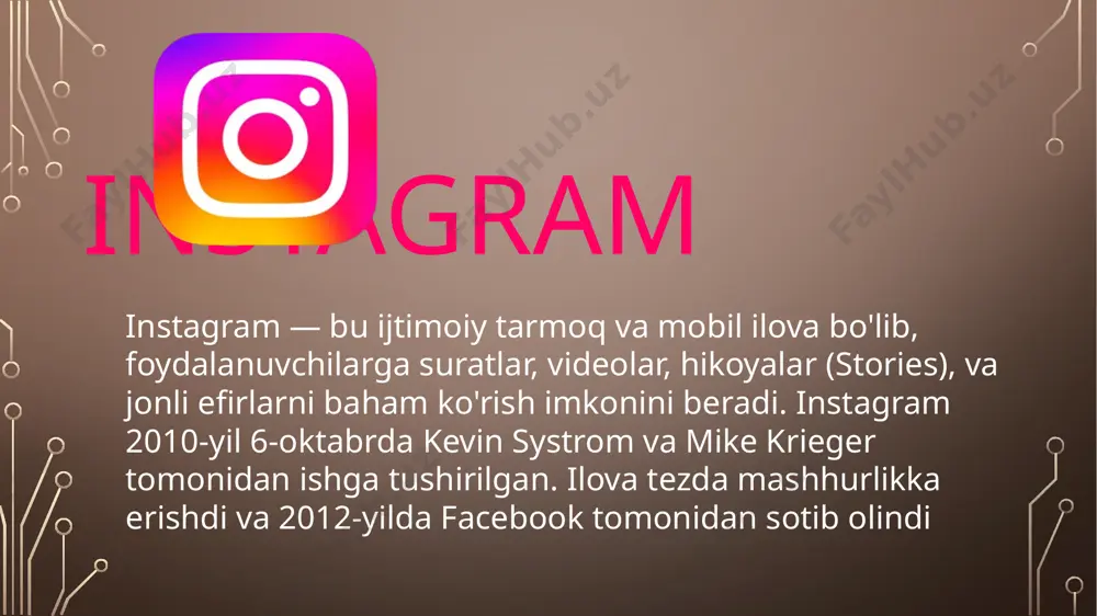 deo postlarini joylashtirish orqali o’z ijodiy ishlanmalarini ko’rsatishlari mumkin 2.stories-24 soat davomida ko’rinadigan qizqa videolar yoki rasmlar 3.reels-15-60 soniya davom etadigan videolar yaratish . 4. live video- foydalanuvchilar jonli efir orqali o’z auditoriyasi bilan bevosita muloqot qilishlari mumkin. 5.follow-bu doimiy kuzatib yurish uchun obuna bo’lish va yo’qotib qo’ymaslik imkoni . bu fishka orqali siz ko’rgan rasm yoki reelsni biror yaqiningizga yuborishingiz mumkin bu bilan siz ko’rgan video yoki postlaringizni sizga yoqqanligini bildirishingiz mumkin bu fishka esa o’sha postga izoh qoldirishingiz uchun bu fishka sizning profilingizgani ko’rsatuvchi tugma 6 instagram bu bugungi kunda dunyoning eng mashhur ijtimoiy tarmoqlaridan biridir. bu platforma asosan fotosuratlar va videolarni almashish uchun mo'ljallangan bo'lib, hozirgi kunda yuz millionlab foydalanuvchilar uni o'zaro aloqa qilish, biznesni rivojlantirish va shaxsiy brendlarini targ'ib qilish uchun foydalanmoqda. ushbu maqolada instagramning tarixi, uning asosiy xususiyatlari va foydalanuvchilarga taqdim etadigan imkoniyatlari haqida so'z yuritamiz instagramning afsalliklari va kamchiliklari foto va videolar almashishga ixtisoslashgan …