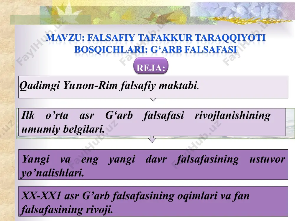qiladigan yoritgichlar holatini namoyish etadigan «samoviy doira»ni kashf etdiki, unda yoritgichlarni yerga va bir-birlariga nisbatan joylashganliklarini ko’rsatuvchi imkoniyat mavjud edi. miletdan keyingi ioniya falsafasining markazi, faylasuf geraklitning vatani efes shahri edi. dunyoning birlamchi unsurini geraklit olovda ko’rdi. u o’z falsafasining asosiy nuqtai nazarlarini hammaga keng ma’lum bo’lgan bir qator hikmatli so’zlarda ifodaladi: «hamma narsa oqimda, hamma narsa o’zgarishda», «bir daryoga ikki marta sho’ng’ib bo’lmaydi» va hokazo. janubiy italiyada faoliyat ko’rsatgan mashhur falsafiy maktab pifagorchilar maktabi edi. pifagorchilar demokratiyaga dushman bo’lgan, ommadan ajralib qolgan, o’z qobig’iga o’ralgan aslzodalar to’dasi edi. din va axloqni pifagorchilar jamiyatni tartibga solishning ajralmas qismi deb hisoblar edilar. pifagorchilar axloqni – xalqni aslzodalarga bo’ysunishini ta’minlaydigan ijtimoiy uyg’unlikning asosi deb hisoblar edilar. uning eng muhim qismi hech qanday shartlarsiz bo’ysunish edi. qadimgi yunonistonning moddiyunchilik qarashlari o’zining eng gullab-yashnagan davriga miletlik levkipp va abderlik demokrit (er.ol. 460 yillar) ta’limotlarida erishdi. levkipp atomistik falsafaga asos soldi. uning shogirdi demokrit uni …