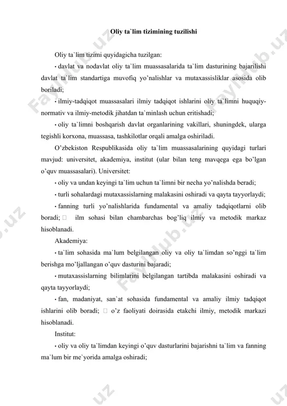 dasturi to’g’risida”gi o’zbekiston respublikasi qonunlariga muvofiq, o’zbekiston respublikasi oliy ta`lim muassasalarining bakalavriatiga talabalarni qabul qilish tartibi “oliy ta`lim muassasalarining bakalavriatiga talabalarni qabul qilish tartibi to’g’risida nizom” bilan, oliy ta`lim muassasalari talabalari o’qishini ko’chirish, qayta tiklash va o’qishdan chetlashtirish tartibi “oliy ta`lim muassasalari talabalari o’qishini ko’chirish, qayta tiklash va o’qishdan chetlashtirish tartibi to’g’risida nizom” bilan belgilanadi. bakalavriat – fundamental bilimlar beriladigan asosiy oliy ta`lim bo’lib, to’rt yil davom etuvchi oliy ta`limning yo’nalishlaridan biri. bakalavriyatda ishlab chiqarishdan ajratmagan holda ta`lim jarayonining davom etish muddati bir yildan kam bo’lmagan vaqtga uza edi. bitiruvchilarga davlat attestatsiya natijalariga ko’ra, bakalavriyat ta`lim daturining oxirida tayorlov yo’nalishiga ko’ra “bakalavr” akademiyak unvoni, munosib ko’krak nishoni va davlat namunasidagi diplom va uning ilovasi beriladi. ta`lim dasturining tarkibiy qismiga, bakalavr tayorlashning kerakli darajasiga, o’quv vazifalarning maksimal hajmiga, kadrlar tayyorlash sifat nazoratining prosedura va mexanizmlariga umumiy talablar, o’zbekiston respublikasi vazirlar maxkamasining 16 avgust 2001 yilda tasdiqlangan № 343-chi “oliy ta`limning davlat …