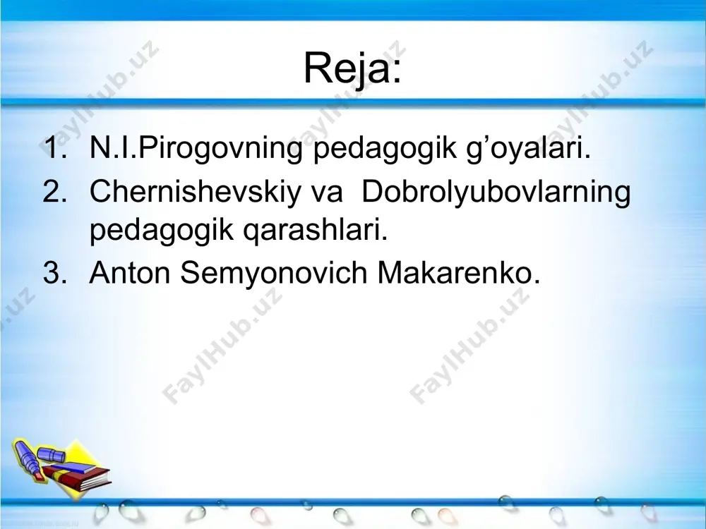 iya 7 yil u onglilik (o'qiganini o'qib olish), aktevlik, o'quvchilarning mustaqil ishlash va ko'rsatmalilik o'qitishning asosiy didaktik prinsipidir. o'qitish va axloqning yaxshi bo'lishi uchun maktabda intizom bo'lish kerak, intizomni saqlash uchun bolalar bilan yaxshi munosabatda bo'lishi ko'rsatiladi. piragovning «kiev o'quv okrugidagi gimnaziya o'quvchilarning gunohlari va ularga jazo berishda asosiy qoidalar» degan maqolasiga javoban dobrolyubov ham «yomirdan qochib jalaga» nomli maqolasida liberial oqim kishilarning ikkilanishini qattiq qoraladi. chernishevskiy va dobrolyubovning pedagogik qarashi rus halqining ozodligi uchun kurash tarixida chernishevskiy (1828-1889) va dobrolyubov (1836-1861) larning faoliyati butun bir davrni tashkil etadi. ular belinskiy va gersilarning ilg'or g'oyalarini davom ettirib yangicha ta`limot yaratadi. chernishevskiy va dobrolyubov izchil filosoflardir. olimlar ularni rus sosial demokratiyasining to'ng'ch avlodi deb atadi. chernishevskiy va dobrolyubovning revolyutson ta`limoti ilmiy pedagogika uchun katta axamiyatga ega bo'ldi. lekin chernishevskiy va dobrolyubovlar tarixiy materi-alimizni tushunib etish darajasiga bormadilar, ular jamiyat taraqqiyotida idealistik fikrda qoldilar. n.a.dobrolyubovning pedagogik qarashlari aqliy saboq axloqiy tarbiyasi jismoniy …