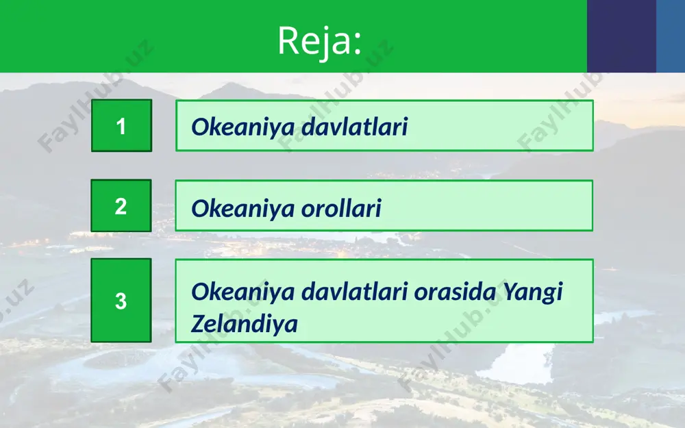 m bor. transportida quruqlik transport turlari bilan birga dengiz transportining ahamiyati katta. oklend (yangi zelandiyaning yagona millioner shahri), gamilton, vellington shaharlarini davlatning eng yirik iqtisodiy markazlari sifatida ko‘rish mumkin. okeaniya davlatlari ijtimoiy-iqtisodiy rivojlanishiga erishish muammosidan tashqari, aholi orasida ishsizlik darajasining yuqoriligi hisoblanadi. image2.jpg image3.jpeg image4.jpeg image5.jpeg image6.jpeg image7.jpeg image8.jpeg image9.jpeg image10.jpeg image11.jpeg image12.jpeg image13.jpeg image14.jpeg image15.jpeg image16.jpeg image17.jpeg image1.jpg