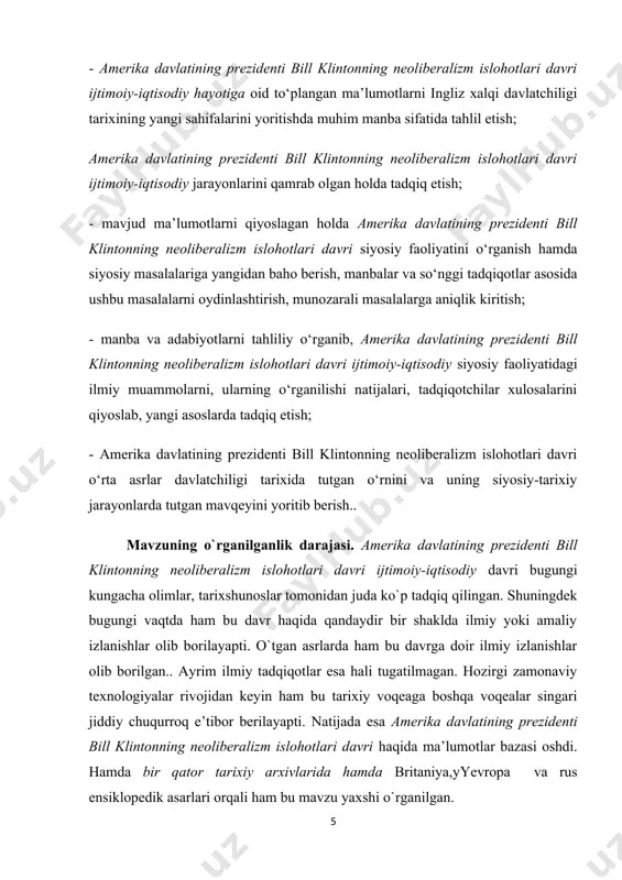 ini va uning siyosiy-tarixiy jarayonlarda tutgan mavqeyini yoritib berish.. mavzuning o`rganilganlik darajasi. amerika davlatining prezidenti bill klintonning neoliberalizm islohotlari davri ijtimoiy-iqtisodiy davri bugungi kungacha olimlar, tarixshunoslar tomonidan juda ko`p tadqiq qilingan. shuningdek bugungi vaqtda ham bu davr haqida qandaydir bir shaklda ilmiy yoki amaliy izlanishlar olib borilayapti. o`tgan asrlarda ham bu davrga doir ilmiy izlanishlar olib borilgan.. ayrim ilmiy tadqiqotlar esa hali tugatilmagan. hozirgi zamonaviy texnologiyalar rivojidan keyin ham bu tarixiy voqeaga boshqa voqealar singari jiddiy chuqurroq e’tibor berilayapti. natijada esa amerika davlatining prezidenti bill klintonning neoliberalizm islohotlari davri haqida ma’lumotlar bazasi oshdi. hamda bir qator tarixiy arxivlarida hamda britaniya,yyevropa va rus ensiklopedik asarlari orqali ham bu mavzu yaxshi o`rganilgan. davriy (xronologik) chegaralanishi: kurs ishining davriy chegarasi amerika davlatining prezidenti bill klintonning neoliberalizm islohotlari davri ijtimoiy-iqtisodiy rivojlanishi va ularning ijtimoiy - iqtisodiy, madaniy hayotini o`rganib tahlil qilishdan iborat. ishning hajmi: ushbu kurs ishi kirish, uchta bob, xulosa, foydalanilgan adabiyotlar ro`yxatidan …
