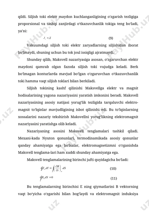 ng chap qismiga ostrogradskiy-gauss teoremasini qo‘llaymiz. natijada quyidagi tenglamani hosil qilamiz: (18) integral olinadigan hajm ixtiyoriy tanlangan bo‘lsa, yuqoridagi munosabat har ikkala qismdagi integral ostidagi ifodalar fazoning har bir nuqtasida birday qiymatga ega bo‘lgan holdagina bajariladi, ya’ni: (19) ostrogradskiy-gauss teoremasini (11) formulaga qo‘llasak, quyidagi ifodani hosil qilamiz: (20) shunday qilib, maksvell tenglamalari differensial shaklda quyidagicha yoziladi: (21) (22) (21), (22) tenglamalarning birinchi jufti. (23) (24) bu tenglamalarni yechishda ularni tashkil qilgan kattaliklar orasida mavjud bo‘lgan quyidagi munosabatlardan ifodalanadi: (25) (26) (27) (10)-(13) yoki (21)-(24) shaklda berilgan maksvellning fundamental tenglamalari elektromagnit maydonni to‘liq tenglamalar sistemasini tashkil qilmaydi. bu tenglamalarga muhitni xos xususiyatlarini harakter-laydigan kattaliklarini qo‘shish kerak. muhitni xos xususiyatlarini harakterlaydigan kattaliklarini bog‘lanishlari moddiy tenglamlar deyiladi. moddiy tenglamalar quyidagiga teng: (25) (26) (27) bu yerda ε, μ, ( - muhitning elektromagnit xususiyatlarini harakterlaydigan kattaliklar. yettita tenglamlar, ya’ni (21)-(27) ning jami tinch holatdagi muhit elektrodinamikasining asosini tashkil qiladi. адабиётлар : 1. i.v.savelev. umumiy …