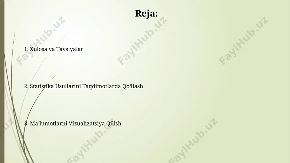 umotlarni 95% ishonch oralig'ida tahlil qilish kerak, bu natijalar ishonchliligini oshiradi. o'rtacha qiymatlar va tarqalish ko'rsatkichlari farg'ona vodiysidagi 50 ta fermada hosilning o'rtacha miqdori 1000 kg/ga bo'lib, kvartil oralig'i 200 kg/ga ni tashkil etib, hosil miqdorining nisbatan past tarqalishini ko'rsatadi. toshkent shahridagi 100 ta do'konning o'rtacha oylik daromadi 50 million so'mni tashkil etgan bo'lsa, standart og'ish 10 million so'm bo'lib, bu daromadlarning katta tarqalishini ko'rsatadi. statistik ma'lumotlardan foydalanishning asosiy tamoyillari statistik ma'lumotlarni taqdimotlarda ishlatishda aniqlikka e'tibor qarating: 200 dan ortiq ishtirokchi bo'lgan toshkentdagi tadqiqot natijalarini grafiklar yordamida sodda va tushunarli tarzda ko'rsatish muhim. xulosa qismi samarqand viloyatidagi 10 ta shahar bo'yicha o'tkazilgan so'rov natijalariga asoslanib, 95% ishonch oralig'i bilan keltirilgan xulosalar taqdimotning ishonchliligini oshiradi. e'tiboringiz uchun rahmat @taqdimot_robot image1.jpg image2.jpg image3.jpg image4.jpg image5.jpg image6.jpg