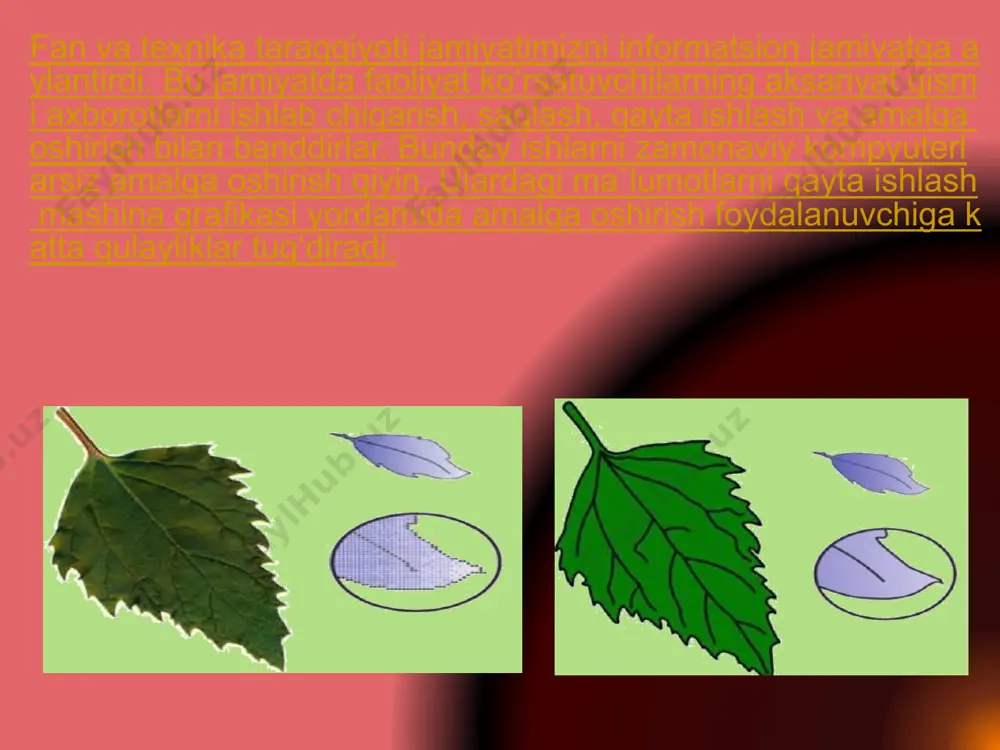 rish usulidir. lekin rang grafikada aralash - quralashlikni keltirib chiqarmasligi kerak. masalan, alohida regionlarda aholining zichligini yoki kasallik tarqalishi grafikasini ifodalash, go‘yoki bu regionlar orasida uzviy bog‘liqlikni ifodalagandek taassurot qoldiradi. bunday holda ifodalanayotgan qiymatiga qarab bir xil rangni to‘q yoki och holatini ishlatgan maqsadga muvofiq bo‘ladi. amaliy dasturlar paketlarining (adp) keng tarqalishi shu bilan asoslanadiki, tasvirni kommunikatciya texnologiya vositasi sifatida qabul qilish inson uchun tabiiyroq bo‘lib bu usulda ham etarli aniqlikka erishish mumkin. mashina grafikasini passiv va interaktiv bo‘laklarga ajratish mumkin. bundan 20 yillar avval ulug‘ olimlarni, san`at ustalarini, sportchilarni, multiplikatcion filmlar qaxramonlarini (masalan, bo‘ri, quyon rasmlari), albert eynshteyn rasmini alfavit raqamli chop etish qurilmalardan chiqarish keng tarqalgan edi. bunda rasm ma`lum nuqtalarga bir xil belgilarni qog‘oz sathiga tushirish orqali, rang tafovut esa ba`zi bir joylarda shu belgilarni bir necha marta urib (to‘q rang), ba`zi bir joylarda bir marta tushirib (och rang) hosil qilinardi. tasvirni bunday usulda hosil qilish passiv …