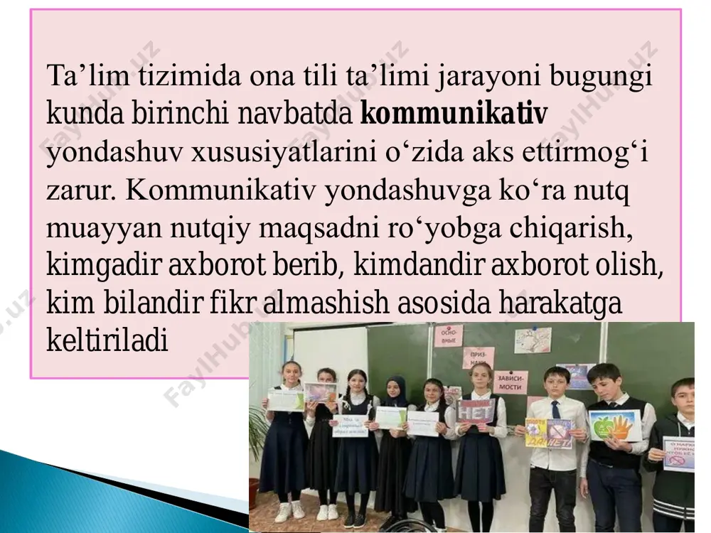 shning shu fan tabiatidan kelib chiqadigan quyidagi o‘ziga xos tamoyillar ham mavjud: a b s d f “til-me’yor-nutq mutanosibligi” tamoyili; o‘. t.fanini o‘qitish orqali o‘quvchilar tafakkurining o‘sishiga erishish tamoyili; o‘. t. o‘qitishda mavzulararo, bo‘limlararo va fanlararo bog‘lanishga qat’iy amal qilish tamoyili; o‘quvchilarni til hodisalarini ajratishga o‘rgatish tamoyili; o‘zbek tilini o‘qitish orqali o‘quvchilarning nutq malakalarini mustahkamlash va til sezgirligini oshirish tamoyili; j ona tilini o‘qitishda mahalliy sheva sharoiti va ta’sirini nazarda tutish tamoyili. ta’lim bosqichlarida ona tilining fonetikasi, leksikasi va grammatikasi yuzasidan o‘ta zarur bo‘lgan ilmiy bilimlar silsilasi bilan qurollantiriladi. ular ona tili imlosi, talaffuzi, yozma nutqda tinish belgilarini to‘g‘ri ishlatish yuzasidan zarur ko‘nikma va malakalar bilan ta’minlanadi. ayni vaqtda ona tili mashg‘ulotlari o‘quvchi shaxsini tarbiyalash va uni rivojlantirish vositasi hamdir. ta’lim, tarbiya va rivojlanish – bir –biri bilan uzviy bog‘liq jarayon ta’lim, tarbiya va rivojlanishni bir-biridan ajratgan holda alohida-alohida yoki darsning muayyan bir bosqichida birin- ketinlik bilan amalga oshirib bo‘lmaydi. …