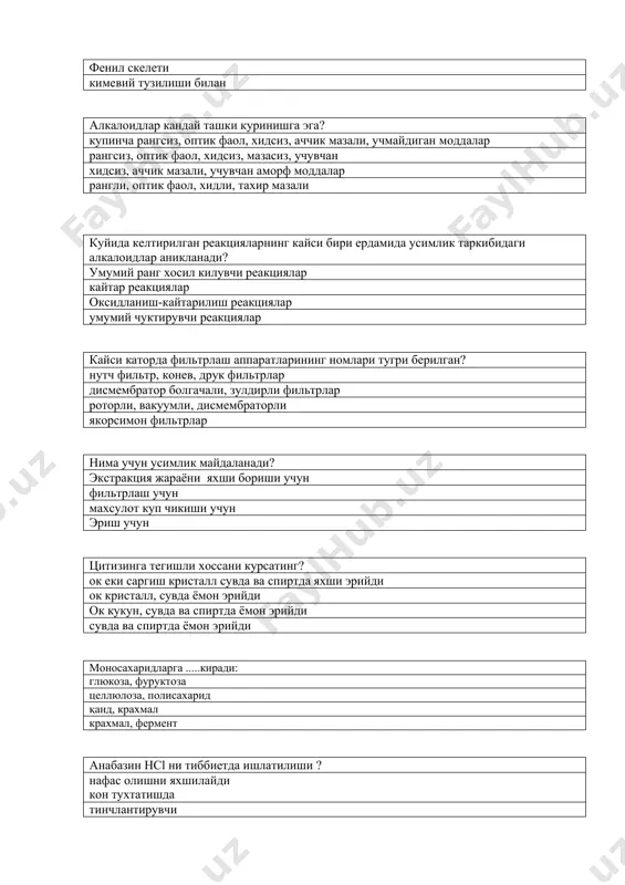 длар агликонлари куйида келтирилган эритувчиларни кайси бирида яхши эримайди? ацетон, сув, бензол сув, хлороформ спирт, эфир сув, , эфир плантоглюцид олишда кобикли экстрактор ишлатилади, нима учун ? ишлатилади, иситиш учун совутиш учун ишлатилмайди иситиш учун куйида келтирилган реактивлардан кайси бири усимликлар таркибида флавоноидлар борлигини аниклашда ишлатилади? магний кукуни ва хлорид кислотаси пикрин кислотаси темир аммонийли аччиктош эритмаси драгендорф реактиви рутин олишда экстракциядан кейин кандай жараен олиб борилади? фильтрлаш центрифугалаш эритиш куритиш флавоноллар бу ....? флавон молекуласининг 3 углерод атомида он гурухи булади флавон молекуласидаги 2 углерод атомида гидроксил он гурухига булинади в халкадаги 3 ва 4 углерод атомлари уртасида куш бог бор. в халкада азот атоми бор фламинга тугри келувчи физик хоссани курсатинг ? сарик кукун, сувда емон эрийди иссик сувда осон эрийди ок кукун, сувда емон эрийди сарик заргалдок плантоглюцидни тиббиетда кайси максадда ишлатилади ? гастритни даволашда огрик колдирувчи ревматизмни даволашда шамоллашда кверцетин кандай хосил булади? рутинни нс1 билан …