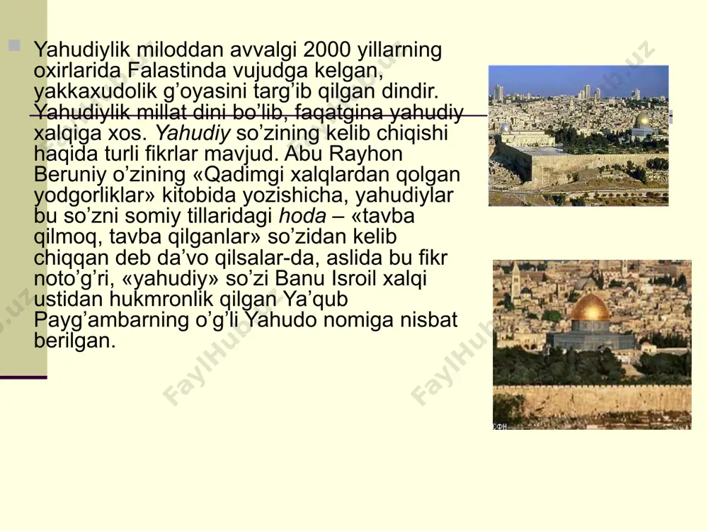 mamlakatning uchta ma’muriy hududida o’zining ibodatxonalariga ega bo’lib, jami sakkizta sinagoga ro’yxatdan o’tgan. testlar 1.yahudiylarning shabuot bayrami xo’jalikning qaysi turi bilan bog’liq? 1) dexqonchilik. 2) chorvachilik. 3) xunarmandchilik. 4) baliqchilik. 2. yaxudiylik dini qaerda vujudga kelgan? 1) isroilda. 2) falastinda. 3) sinay tog’larida. 4) kichik osiyoda, 3. din so’zining ma’nosi? 1) haqiqqat. 2) odil hayot. 3) ishonch. 4) to’g’ri so’z. 4. quyidagi dinlardan qaysi biri jahon dinlari tarkibiga kiradi? 1) islom. 2) induizm. 3) sintoizm. 4) yahudiylik. 5. o’zbekiston respublikasida nechta diniy koifessiya bor? 1) 12 ta. 2) 13 ta. 3) 14 ta. 4) 15 ta. 6. o’rta osiyo hududida yahudiylik qachon vujudga kelgan? 1) mil. av.i-ming yillikda. 2) mil. av.iii-ming yillikda. 3) milodning vi asrida. 4) milodning v asrida. 7. “har bir inson fikri, vijdon va din erkinligi huquqiga egadir” bu jumlalar qaysi qonundan olingan? 1) “vijdon erkinligi va diniy tashkilotlar to’g’risida”gi qonundan 2) inson huquqlari umumjahon deklaratsiyasidan 3) …