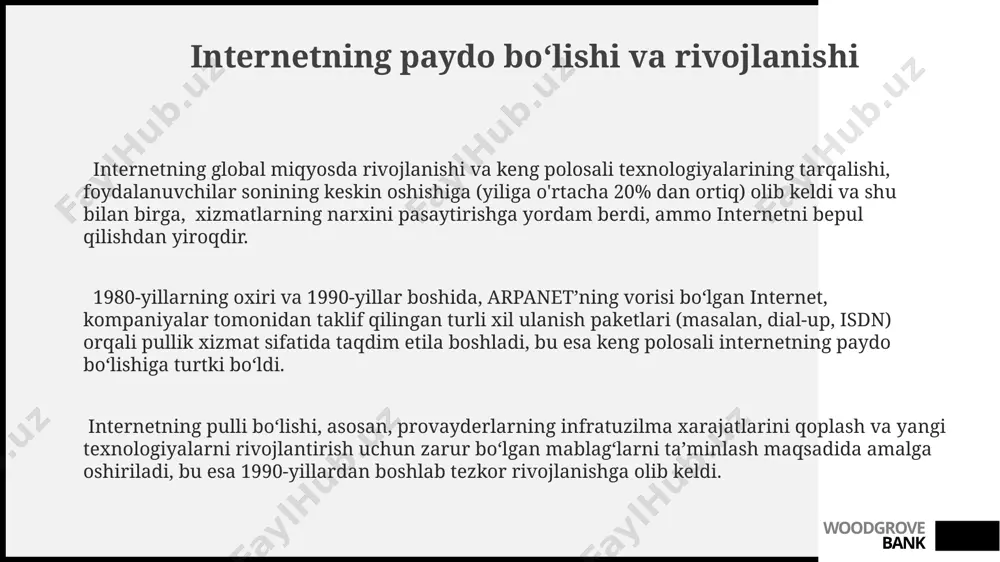 ha samarali va moslashuvchan bo'lib, bir vaqtning o'zida bir nechta foydalanuvchilarga xizmat ko'rsatish imkonini berdi. kommutatsiya texnologiyalarining dastlabki bosqichlarida, masalan, paket kommutatsiyasi paydo boʻlishidan oldin, xabarlarning uzatilishi asosan 1:1 liniyalar orqali amalga oshirilgan boʻlib, bu juda cheklangan va qimmat edi. ip versiyasi 4 dan ip versiyasi 6 ga o'tish (ipv4 dan ipv6 ga) manzil berish bo'yicha muammolarni bartaraf etishga qaratilgan bo'lib, 2 32 dan 2 128 gacha bo'lgan manzillar sonini oshirdi. woodgrove bank simsiz tarmoq texnologiyalari wi-fi 6 (802.11ax) standarti avvalgilariga nisbatan 4 baravar yuqori tezlik va 4 marta yuqori sigʻimni ta'minlaydi, bu esa zich joylarda ham barqaror va tezkor simsiz aloqani kafolatlaydi. bluetooth texnologiyasi 802.15.1 standartiga asoslangan boʻlib, qisqa masofali simsiz aloqani ta'minlaydi va kam quvvat sarflaydi, bu esa turli xil “smart” qurilmalarni bir-biriga ulash uchun ideal yechim hisoblanadi. simsiz tarmoq texnologiyalari 2,4 ghz va 5 ghz chastotalar oraligʻida ishlaydi, bu esa yuqori tezlikdagi ma'lumot uzatishni ta'minlaydi va koʻplab …
