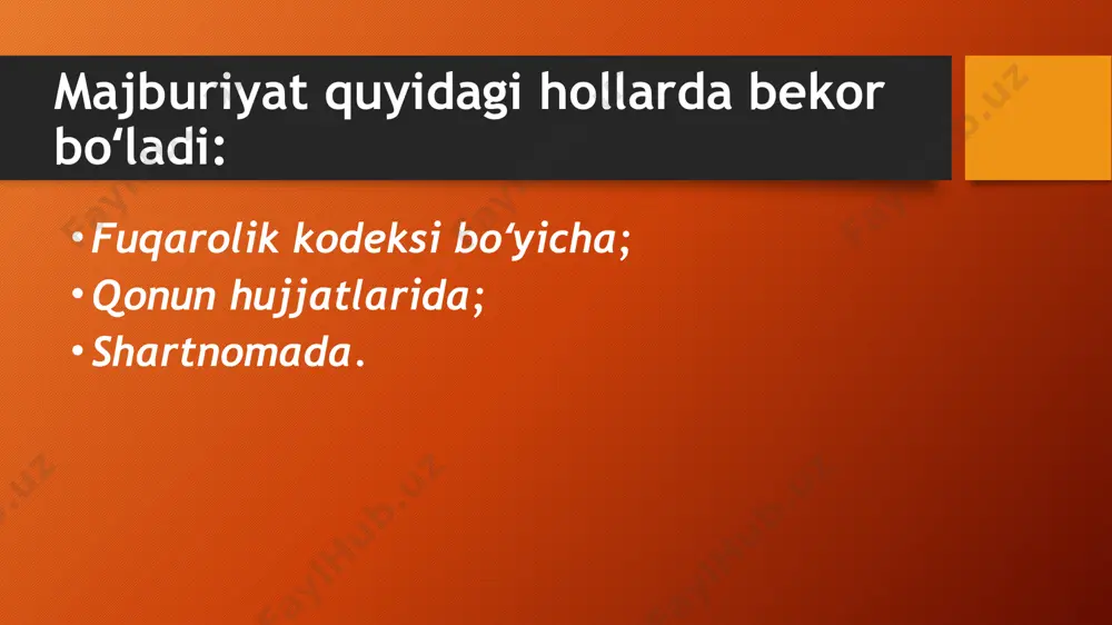 i majburiyatni boshqa narsani yoki boshqacha ijroni etish usulini nazarda tutuvchi yangi majburiyat bilan almashtirish (majburiyatni yangilash) haqida kelishib olsalar, majburiyat bekor boʻladi. hayot yoki sogʻliqqa yetkazilgan zararni qoplash va alimentlarga nisbatan yangilanish amalga oshirishga yoʻl qoʻyilmaydi. qarzdan voz kechish kreditor qarzdorni uning zimmasidagi majburiyatlardan ozod qilishi bilan agar bu hol boshqa shaxslarning kreditor mol-mulkiga nisbatan huquqlarini buzmasa, majburiyat bekor boʻladi bajarish mumkin boʻlmaganligi tufayli majburiyatning bekor boʻlishi agar taraflarning birortasi ham javob bermaydigan vaziyat tufayli majburiyatni bajarish mumkin boʻlmay qolsa u bekor boʻladi. majburiyatning davlat organi hujjati asosida bekor boʻlishi agar davlat organining hujjati chiqishi natijasida majburiyatni bajarish toʻliq yoki qisman bajarish mumkin boʻlmay qolsa majburiyat toʻliq yoki uning tegishli qismi bekor boʻladi. fuqaro vafot etishi bilan majburiyatning bekor boʻlishi agar majburiyatni qarzdorning shaxsiy ishtirokisiz bajarish mumkin boʻlmasa yoki majburiyat boshqacha tarzda qarzdorning shaxsiy bilan chambarchas bogʻliq boʻlsa qarzdor vafot etishi bilan majburiyat bekor boʻladi. yuridik shaxs tugatilishi bilan …