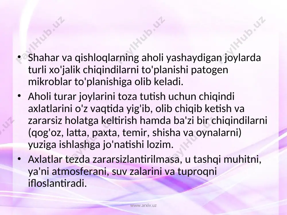 latlarni kanalizasiya quvurlari yordamida olib chiqib ketiladi va chiqindilar kimyoviy usulda tozalangan, zararsizlantirilgach ochiq muhitga tushadi. axlatlarni zararsizlantirish va ulardan foydalanish. umuman, aholi turar joylarda to'planadigan axlatlarni axlatxonalarga tashlash allaqachon gigiena fani tomonidan qarlangan. bu iqtisodiy jihatdan samarasiz, iflosgarchilikka yo'l qo'yadigan usuldir. axlatlarni ikki yo'l zararsizlantirish va ulardan foydalanish mumkin. www.arxiv.uz www.arxiv.uz www.arxiv.uz www.arxiv.uz 1.biotermik usul-ya'ni axlatni kompost qilish, issiqxonalarda foydalanish va mukammallashtirilgan axlatlarda zararsiz holatga keltirish. 2. axlatlarni kuydiradigan, sortlaydigan zavodlarida zararsizlantirish. axlatlarni kompostlash. bu murakkab aerobli biologik organik moddalar tez chiriydi va o'simliklar tomonidan yaxshi o'zlashtiriladigan holga keladi. jarayon gumus degan moddalarni hosil bo'lishi bilan beradi. kompostlash natijasida axlatlardan /gumus/ bir xil rangli, go'nga o'xshash modda paydo bo'ladi. tabiiy holatda kompost jarayoni bir yilda davom etishi mumkin. kompostlashda axlat o'z o'zidan qizishib harorati ko'tarilib, qattiq axlatlar yaxshi zararsizlantiriladi. bu jarayon vaqtida axlat harorati 60-750s ga ko'tarilib kasal chiqaruvchi mikroorganizmlar: gijja tuxumlari va hasharotlar, mayda tuxumdan chiqqan qurtlari ham …