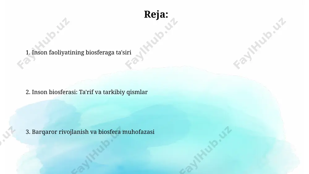 alliklari sonining ko'payishiga va aholi salomatligiga salbiy ta'sir ko'rsatmoqda. bioxilma-xillik va uning saqlanishi amazon o’rmonlari kabi tropik o’rmonlar global bioxilma-xillikning 50% dan ko’prog’ini o’z ichiga oladi, ammo yillik 10 million gektar maydon kesilib, bioxilma-xillik yo’qolishiga olib keladi. o’zbekistonning qurg’oqchil hududlarida, masalan, qizilqum cho’lida, kam uchraydigan o’simlik va hayvon turlarining 150 dan ortiq endemik turi mavjud bo’lib, ularning saqlanishi alohida ahamiyatga ega. global isish va iqlim o'zgarishi arktika muzliklarining erishi tezlashmoqda, bu esa 2100-yilga kelib global dengiz sathining 0,5 metrgacha ko'tarilishi va kichik orollar davlatlari va qirg'oq bo'yidagi shaharlar uchun xavf tug'diradi. global isish natijasida o'zbekistonning qoraqalpog'iston respublikasida 2050-yilga kelib 1,5-2°c ga yaqin harorat o'sishi va suv resurslarining 10-15% ga kamayishi kutilmoqda. kelajak uchun strategiya va echimlar жаҳон аҳолиси 2050 йилга келиб 9 миллиард кишига етади, шунинг учун ўзбекистонда ҳам сув ресурсларини самарали бошқариш ва энергия тежовчи технологияларни жорий этиш бўйича миллий стратегия зарур. ўзбекистоннинг қорақалпоғистон республикаси каби ҳудудларида чўл ерларнинг …