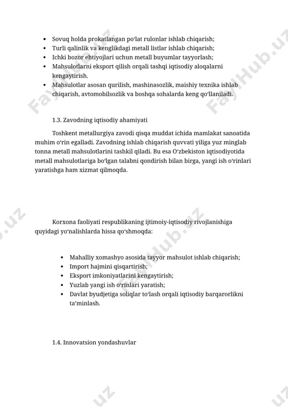 b-kitob jarayonlari korxonaning buxgalteriya hisobida quyidagi yo‘nalishlar alohida ahamiyatga ega: 1. asosiy vositalar hisobi – zavoddagi mashina va jihozlar, ishlab chiqarish liniyalari, bino va inshootlarning qiymati va amortizatsiyasi hisoblanadi. 2. moddiy boyliklar hisobi – metall xomashyo, yarim tayyor mahsulotlar va tayyor mahsulotlarning kirim-chiqimi qayd etiladi. 3. ish haqi hisobi – xodimlarga mehnat shartnomalari asosida ish haqi va mukofotlar hisoblanadi. 4. naqd pul va bank operatsiyalari – korxonaning hisob raqamlari, bank orqali o‘tkazmalar va naqd pul mablag‘lari yuritiladi. 5. soliq hisobi – qo‘shilgan qiymat solig‘i (qqs), foyda solig‘i, mol-mulk solig‘i va boshqa to‘lovlar hisoblanadi. 3.3. moliyaviy hujjatlar bilan ishlash amaliyot davomida men quyidagi hujjatlar bilan tanishdim: kassa kirim va chiqim orderlari; bank to‘lov topshiriqnomalari; schyot-fakturalar; avans hisobotlari; ish haqi bo‘yicha vedomostlar. bu hujjatlar asosida barcha moliyaviy operatsiyalar tartibga solinadi va huquqiy jihatdan tasdiqlanadi. 3.4. buxgalteriya dasturlari korxonada hisob-kitoblarni yuritishda 1c: buxgalteriya dasturidan keng foydalaniladi. bu dastur quyidagi imkoniyatlarni beradi: barcha moliyaviy …
