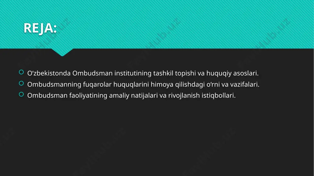 ‘lib, bu jihatdan ham u alohida ahamiyatga ega. ombudsmanning fuqarolar huquqlarini himoya qilishdagi o‘rni va vazifalari. ombudsmanning fuqarolar huquqlarini himoya qilishdagi o‘rni fuqarolar va davlat organlari o‘rtasidagi muvozanatni saqlash, insonning asosiy huquq va erkinliklarini ta’minlash bilan bog‘liq. u fuqarolardan tushgan murojaatlarni mustaqil va xolis tarzda ko‘rib chiqadi hamda aniqlangan huquqbuzarliklar yuzasidan tegishli davlat organlariga ta’sir choralarini qo‘llashni tavsiya etadi. ombudsman fuqarolarning e’tirozlarini to‘g‘ridan-to‘g‘ri o‘rganadi, ularni davlat idoralari bilan bog‘lovchi vositachi sifatida faoliyat yuritadi. shuningdek, u jazoni ijro etish muassasalari, vaqtincha saqlash hibsxonalari va boshqa yopiq muassasalarga monitoring tashriflarini amalga oshirib, mahkumlar va hibsga olinganlarning huquqiy holatini kuzatadi. ombudsmanning yana bir muhim vazifasi fuqarolarning huquqiy bilimini oshirish, jamiyatda huquqiy madaniyatni shakllantirish hamda inson huquqlarini ta’minlash bo‘yicha qonunchilikni takomillashtirishda ishtirok etishdan iborat. shu yo‘l bilan ombudsman fuqarolarning huquqiy kafolatlarini amalda ta’minlashga faol hissa qo‘shadi. ombudsman fuqarolarning konstitutsiyaviy huquq va erkinliklarini himoya qilishda muhim vosita sifatida xizmat qiladi. u davlat organlari, mansabdor shaxslar …